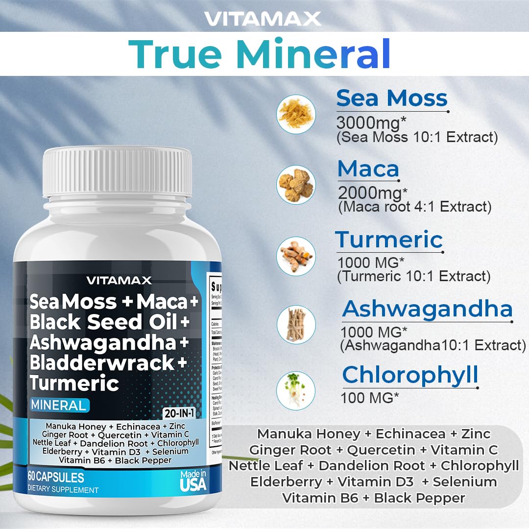 Sea Moss 3000mg Maca 1000mg Black Seed Oil 2000mg Ashwagandha 1000mg Bladderw - AB Mystery