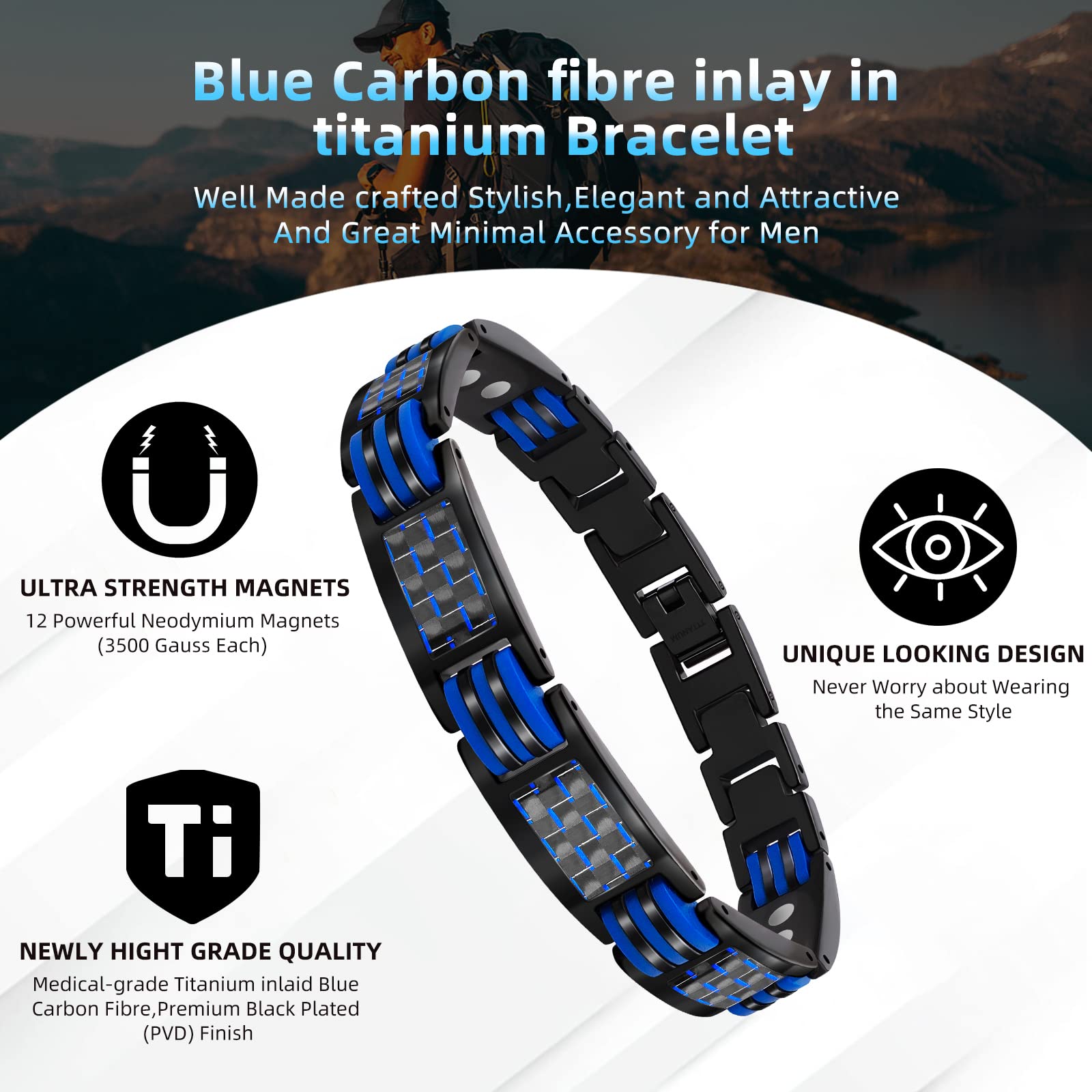 JEROOT Magnetic Bracelets for Men, Blue Carbon Fiber Pure Titanium Magnetic Bracelet - AB Mystery
