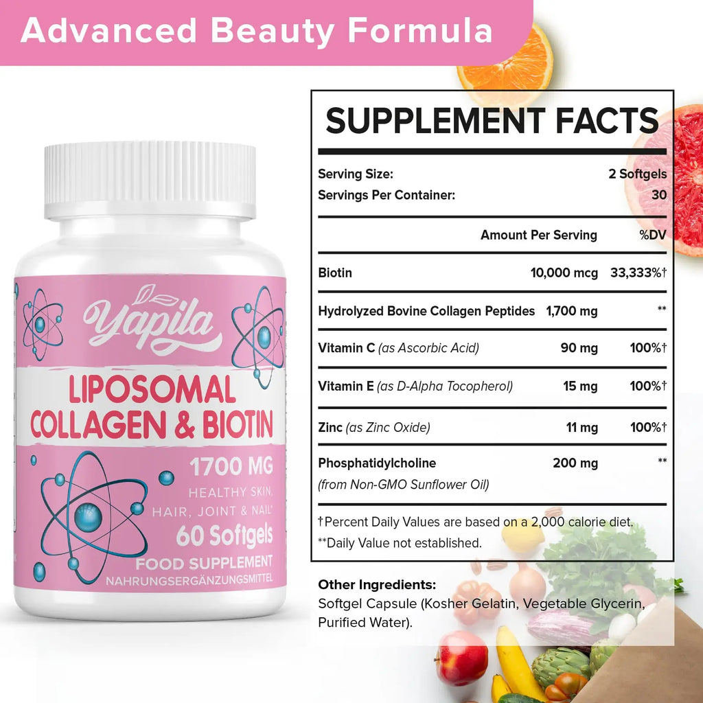 Liposomal Collagen Biotin Capsules, Hydrolyzed Bovine Collagen Peptides 1700 mg, Types 1 & 3 Protein - AB Mystery