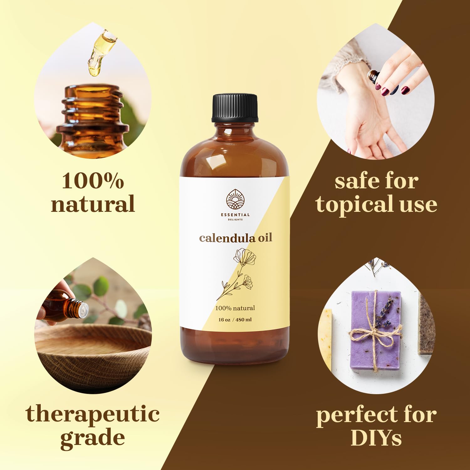 Essential Delights Calendula Oil - Premium Carrier Oil (16 fl oz) | for Skin, Face, Body, Hair Revitalization - AB Mystery
