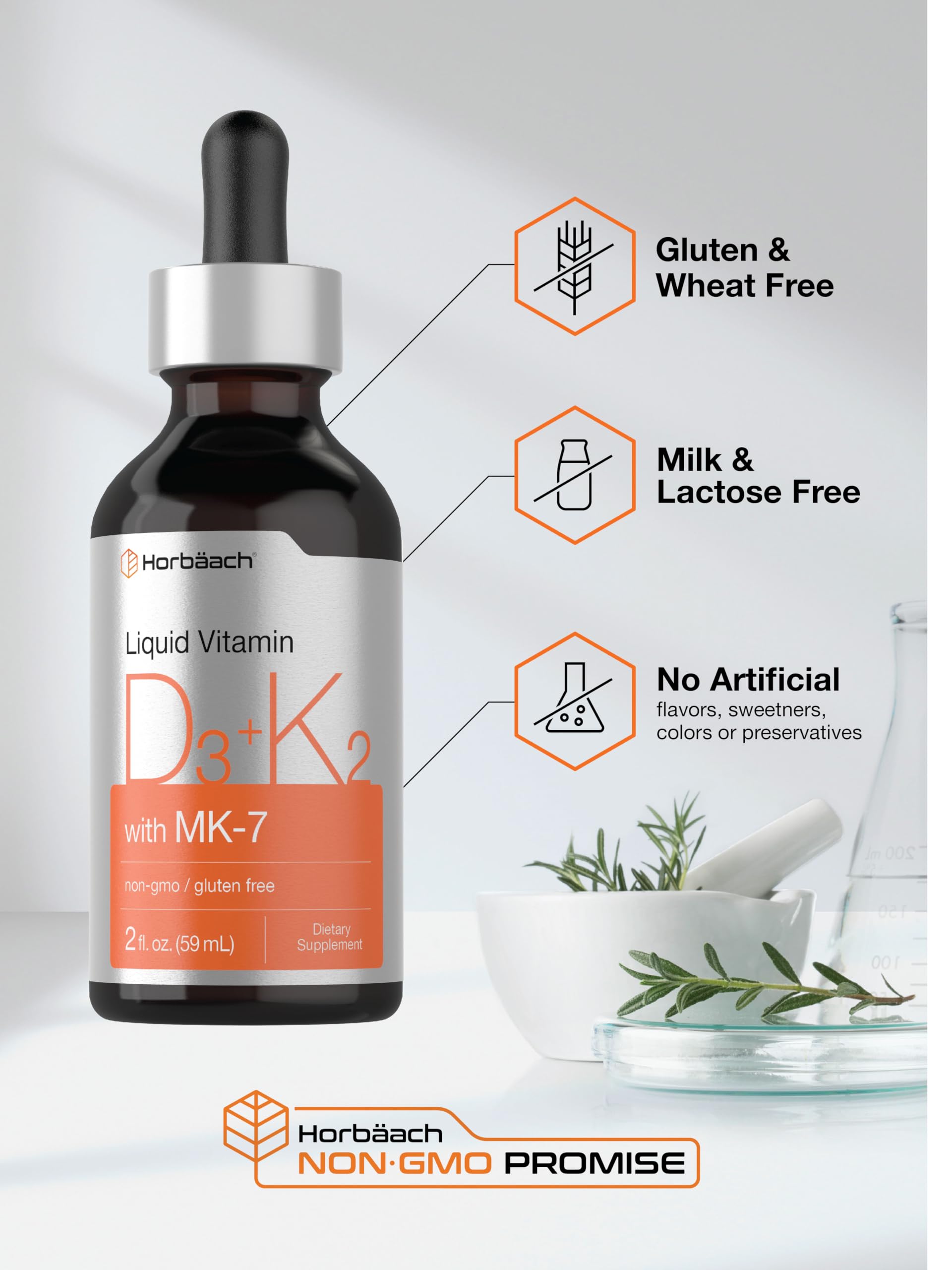 Horbäach Vitamin D3 + K2 Liquid Drops | with MK7 | 2 Fl Oz | Vegetarian | Non-GMO - AB Mystery