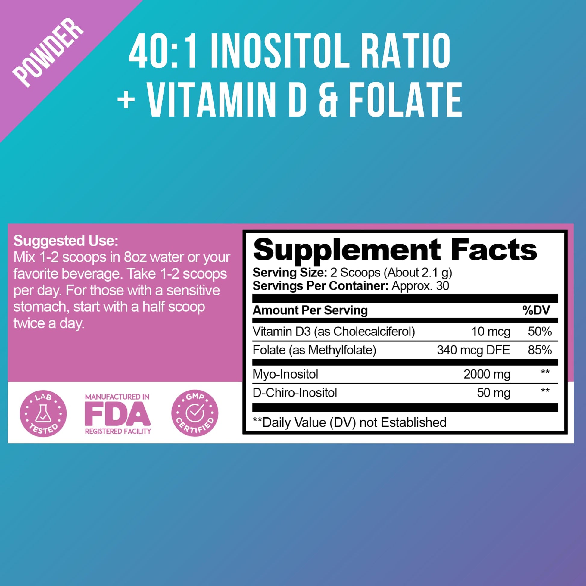 Premium Inositol Supplement - Myo-Inositol and D-Chiro Inositol Powder Plus Folate - AB Mystery