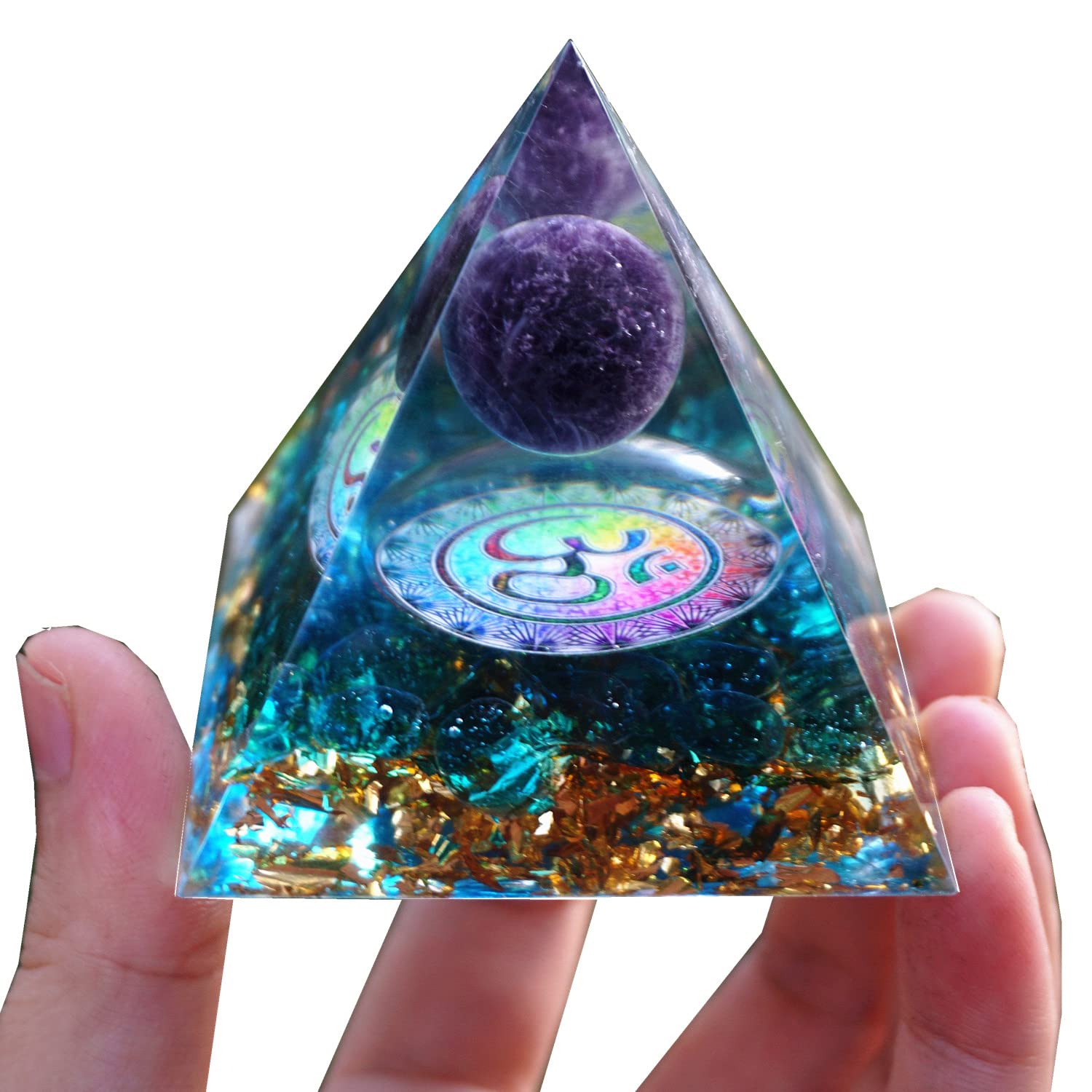 Besorgone Orgonite Pyramid for Positive Energy Amethyst Sphere Chakra Orgone with Blue Quartz - AB Mystery