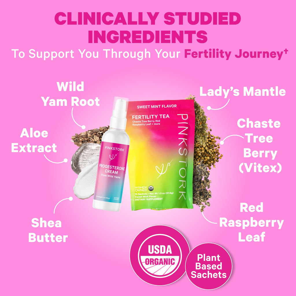 Pink Stork Fertility Tea and Progesterone Cream for Women, Fertility, Ovulation, Conception, and Hormone Balance for Women with Chaste Tree Berry (Vitex) - Duo Pink Stork