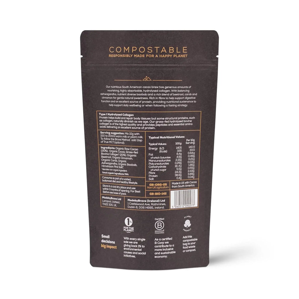 Ancient + Brave - Cacao + Collagen Powder 250g - Peruvian Raw Cacao Hot Chocolate with Grass - AB Mystery