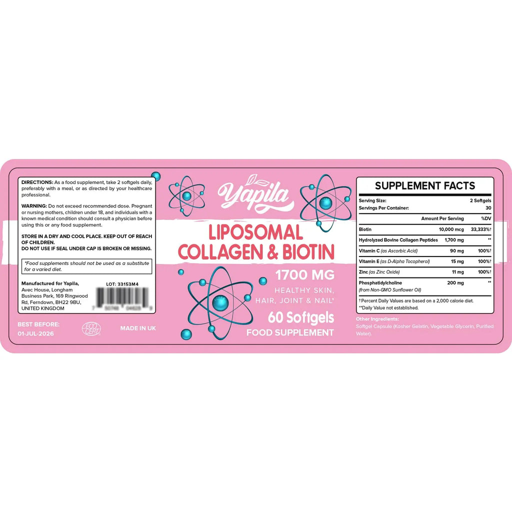 Liposomal Collagen Biotin Capsules, Hydrolyzed Bovine Collagen Peptides 1700 mg, Types 1 & 3 Protein - AB Mystery