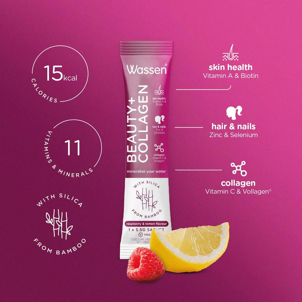Wassen Beauty and Collagen - Plant-Based Vegan Collagen - 14 Raspberry & Lemon Flavoured Sachets - AB Mystery