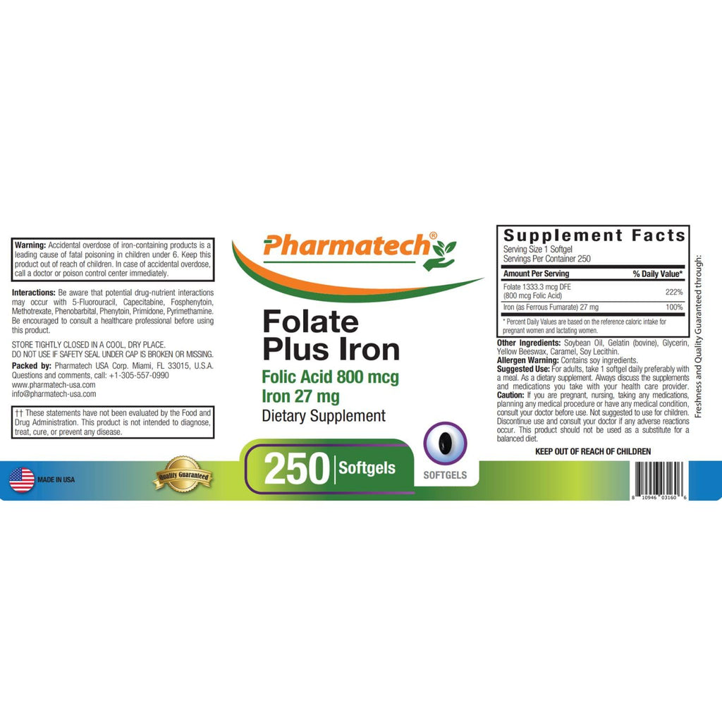 PHARMATECH Folic Acid 800 mcg Plus Iron 27 mg Supplement for Women, Vitamin B9 PHARMATECH