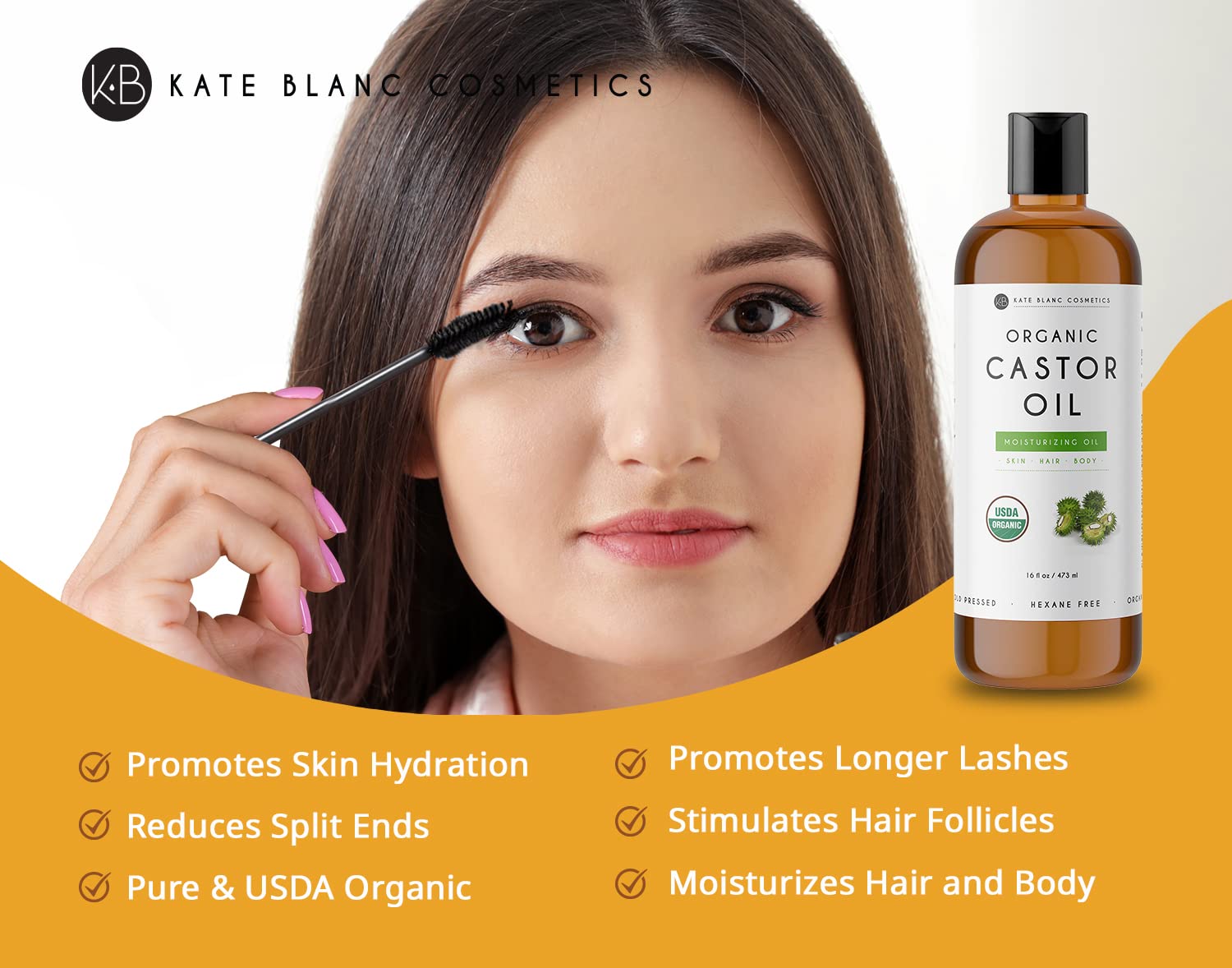 Kate Blanc Cosmetics Castor Oil 16oz - USDA Certified Organic. Cold-Pressed, 100% Pure - AB Mystery