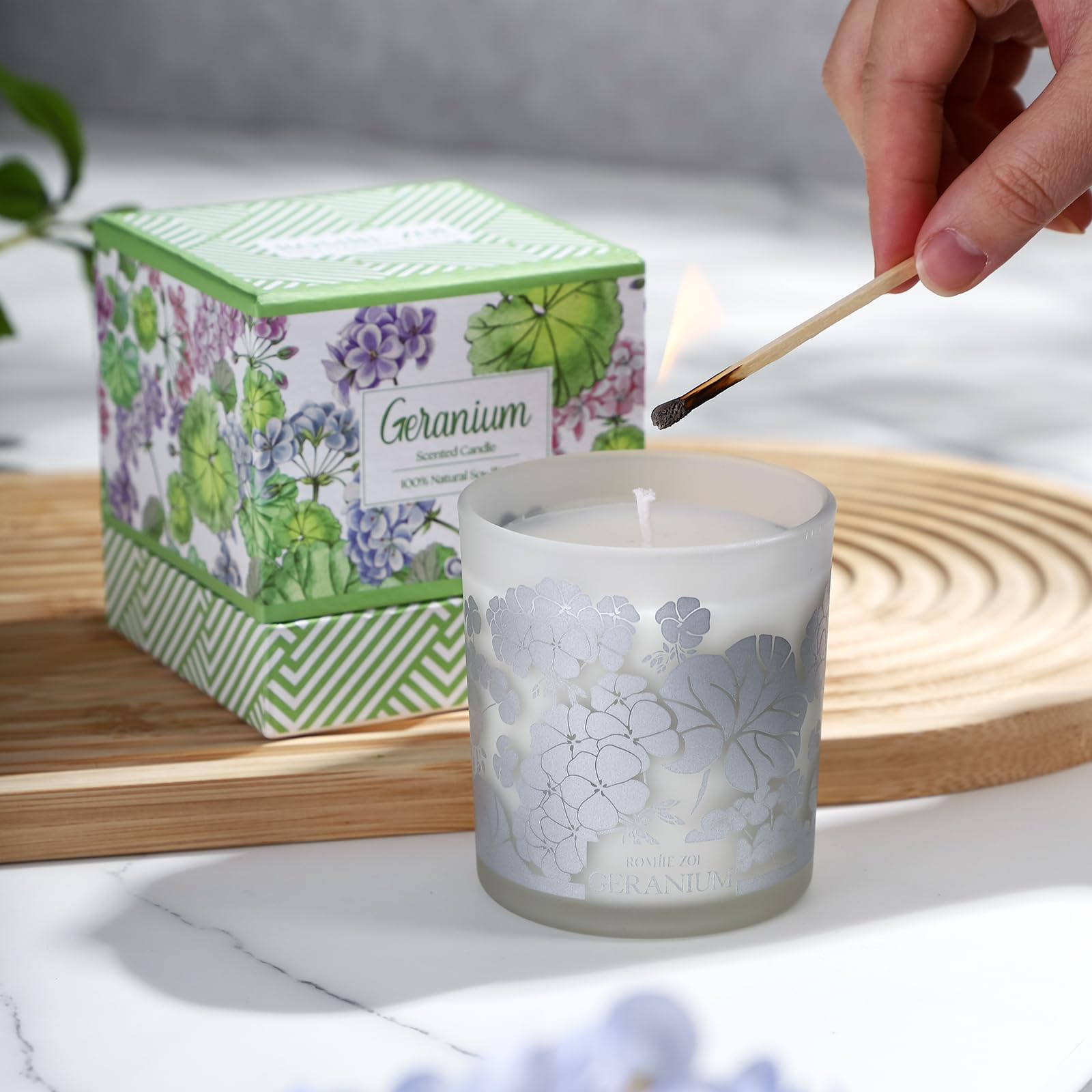 ROMIIE ZOI Scented Candle - Geranium - 6oz Aromatherapy Soy Wax Jar Candle for Home, Gifts for Women - AB Mystery