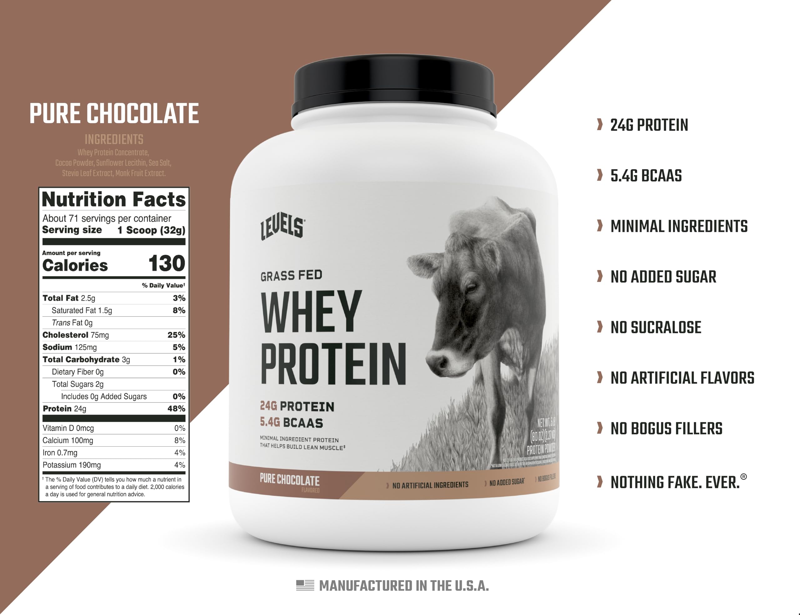 Levels Grass Fed 100% Whey Protein, No Hormones, Pure Chocolate, 5LB - AB Mystery