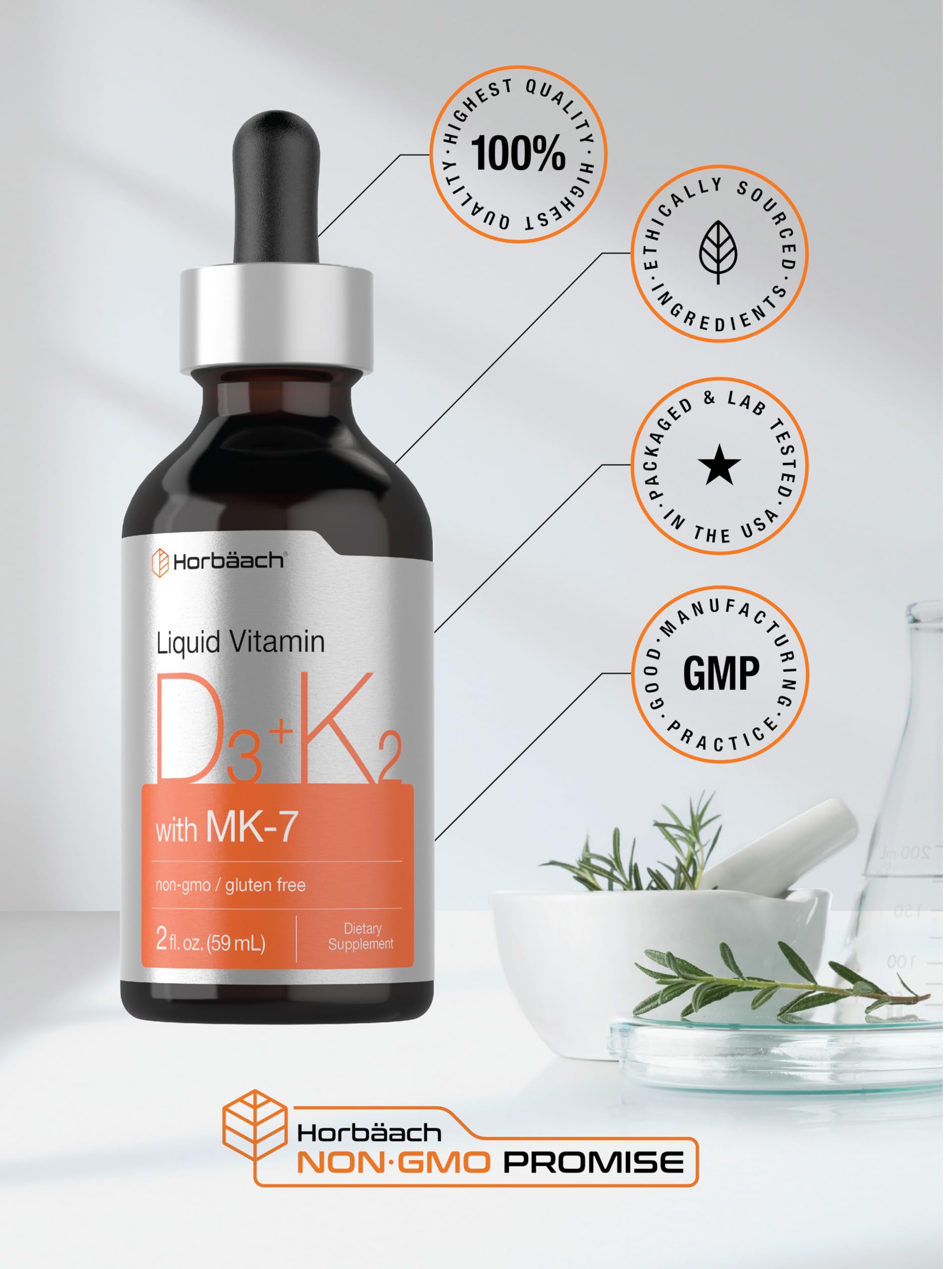 Horbäach Vitamin D3 + K2 Liquid Drops | with MK7 | 2 Fl Oz | Vegetarian | Non-GMO - AB Mystery