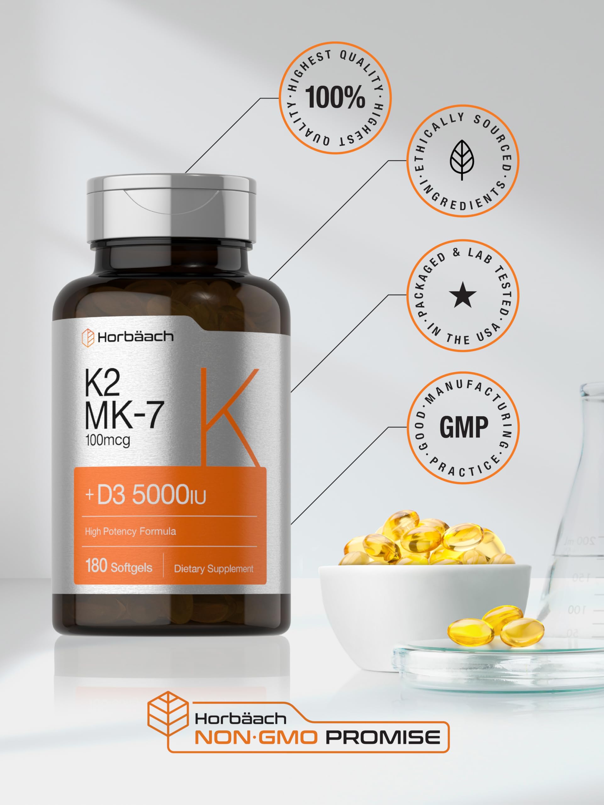 Horbäach Vitamin D3 K2 | 5000iu of Vitamin D & 100mcg MK-7 Complex | 180 Softgel Cap - AB Mystery
