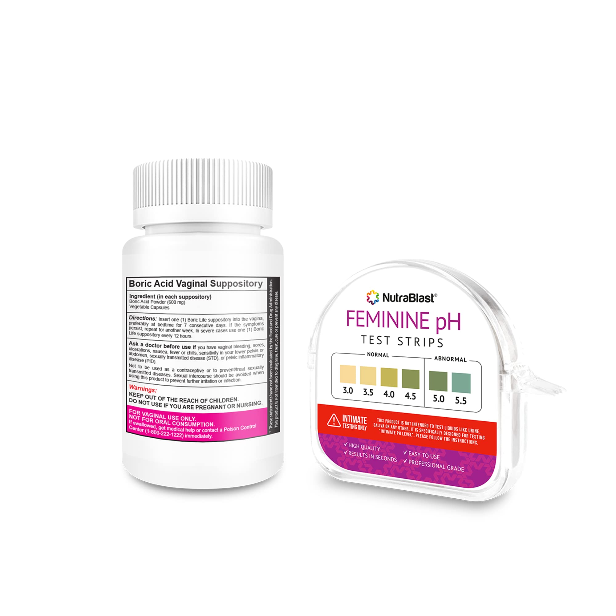 NutraBlast Boric Acid Vaginal Suppositories 600mg (30 Count) w/Feminine pH Test Strips 3.0-5.5 - AB Mystery