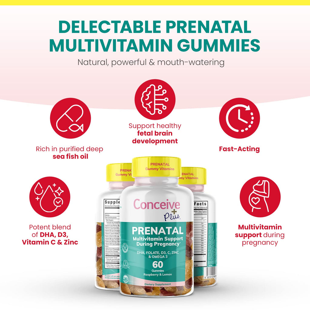 CONCEIVE PLUS Prenatal Gummies - DHA, Folic Acid, Vitamin D3, C, Zinc, and Omega 3, Natural Lemon CONCEIVE PLUS
