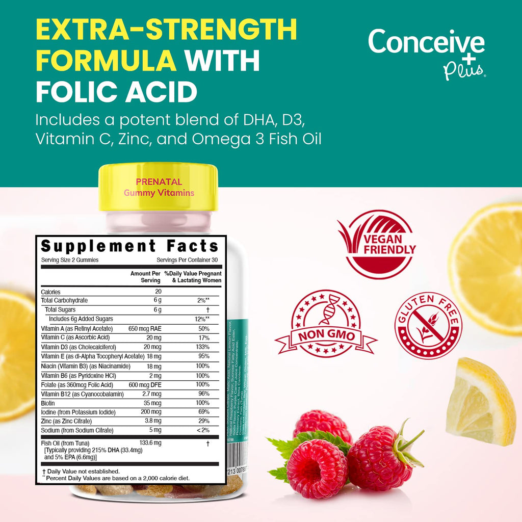 CONCEIVE PLUS Prenatal Gummies - DHA, Folic Acid, Vitamin D3, C, Zinc, and Omega 3, Natural Lemon CONCEIVE PLUS