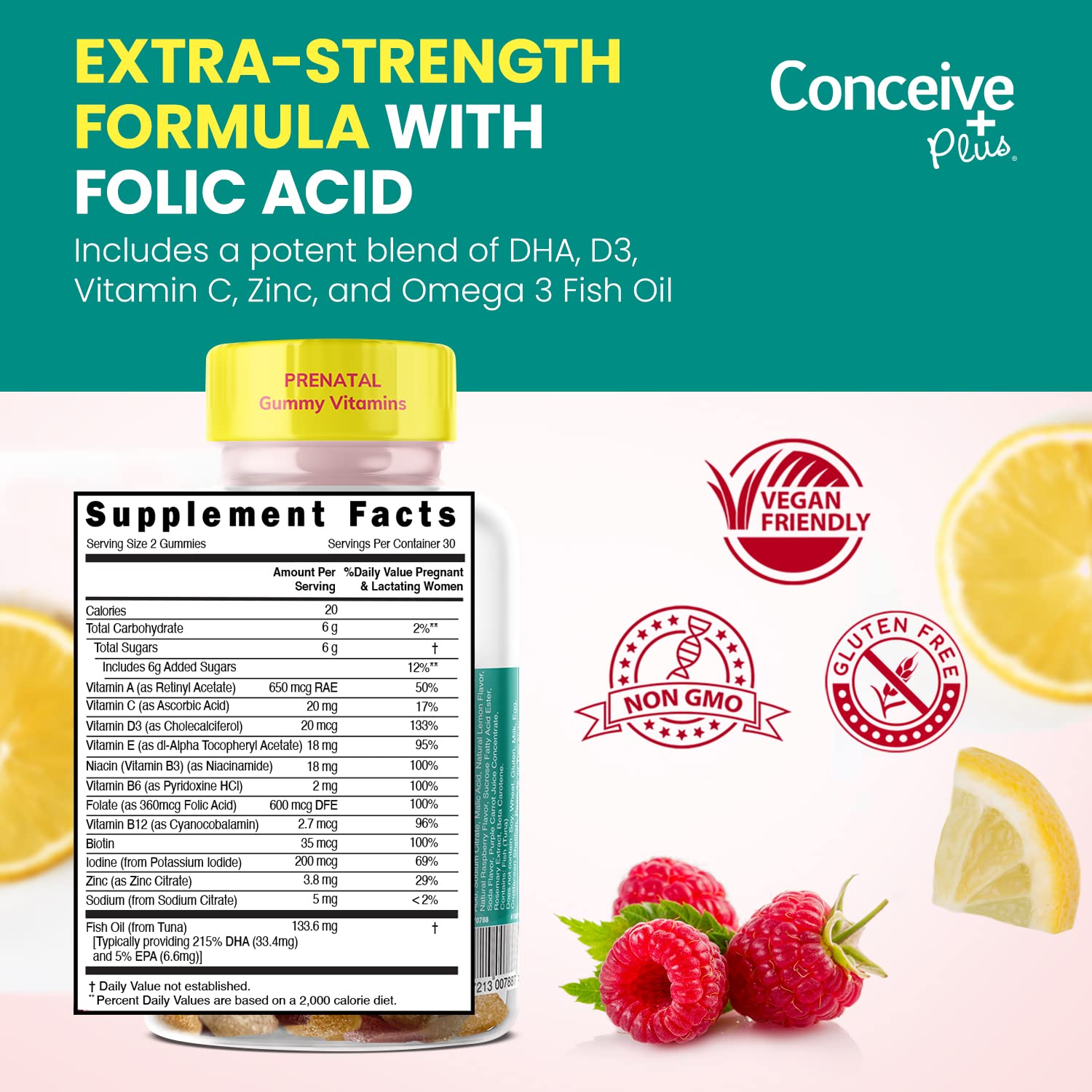 CONCEIVE PLUS Prenatal Gummies - DHA, Folic Acid, Vitamin D3, C, Zinc, and Omega 3, Natural Lemon CONCEIVE PLUS