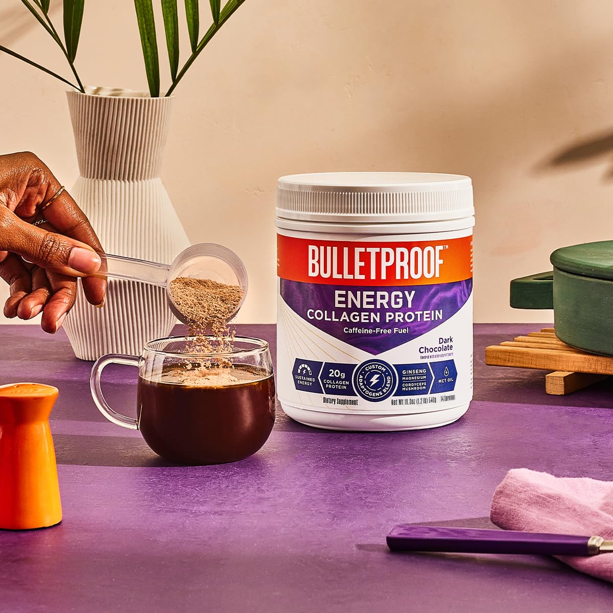 Bulletproof Dark Chocolate Energy Collagen Protein, 19.3 Ounces, Caffeine-Free Fuel - AB Mystery