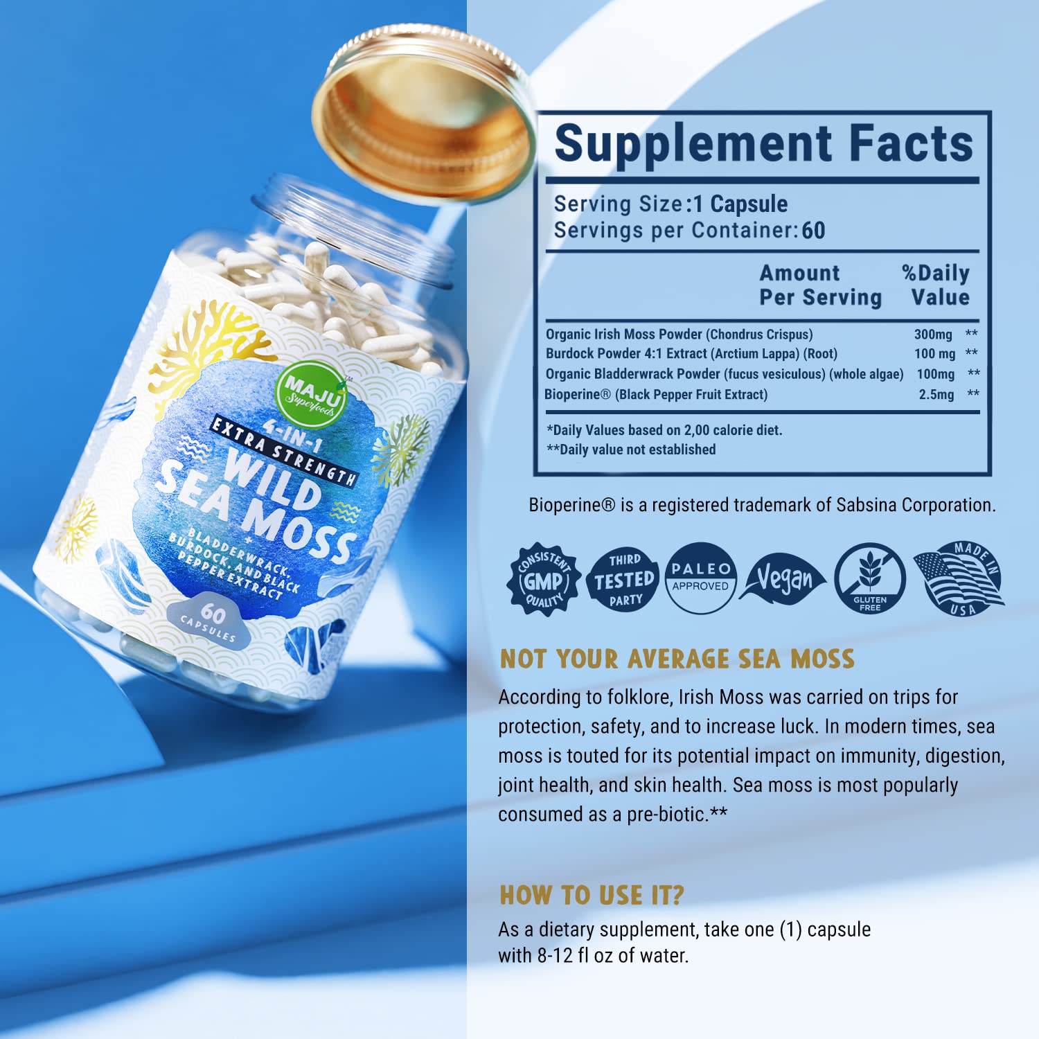 MAJU 4-in-1 Organic Sea Moss Capsules, Wild Chondrus Crispus, Seamoss - AB Mystery