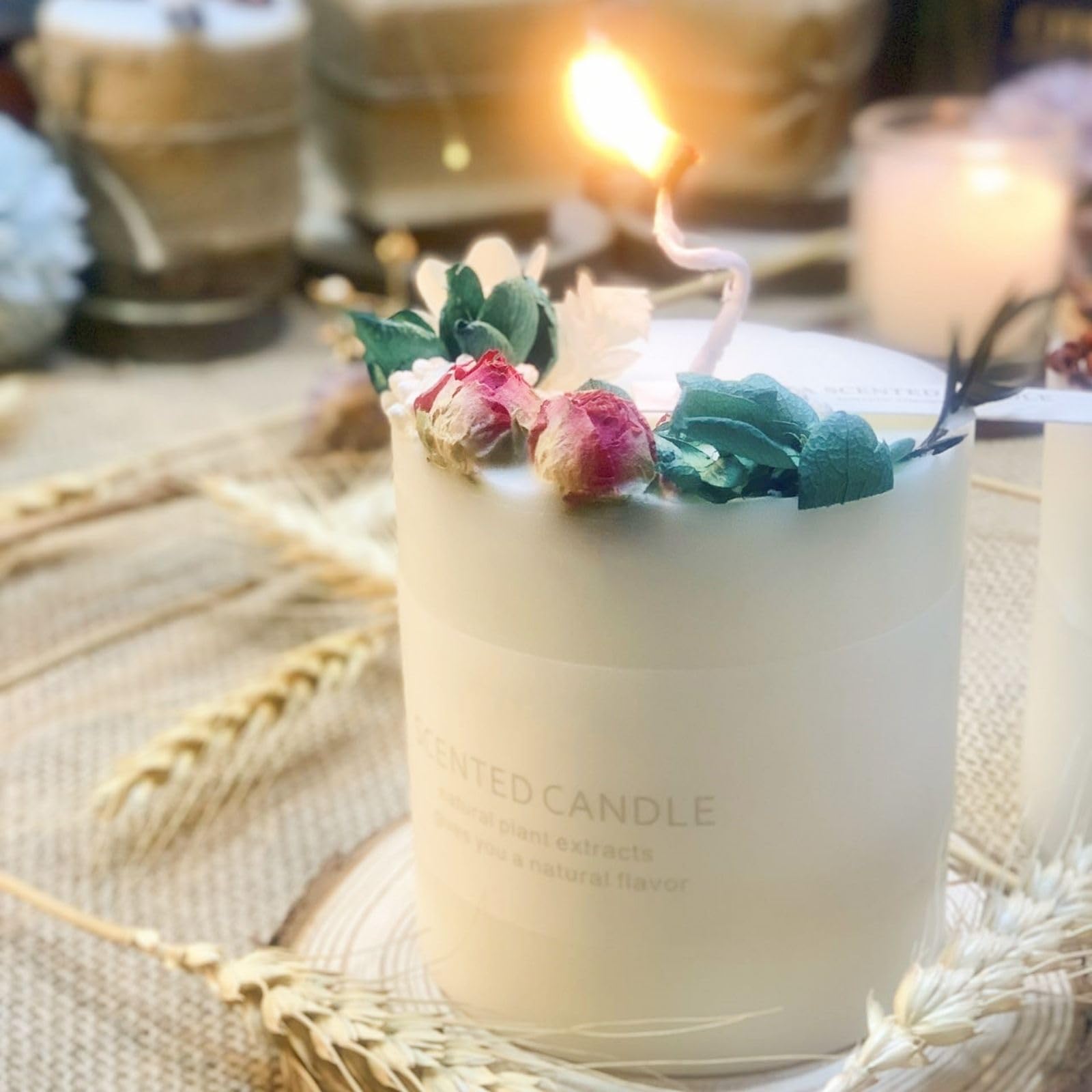 Natural Soy Scented Pillar Candles with Glass, Classic 10 oz Luxury Non Toxic White Bathroom Candle - AB Mystery