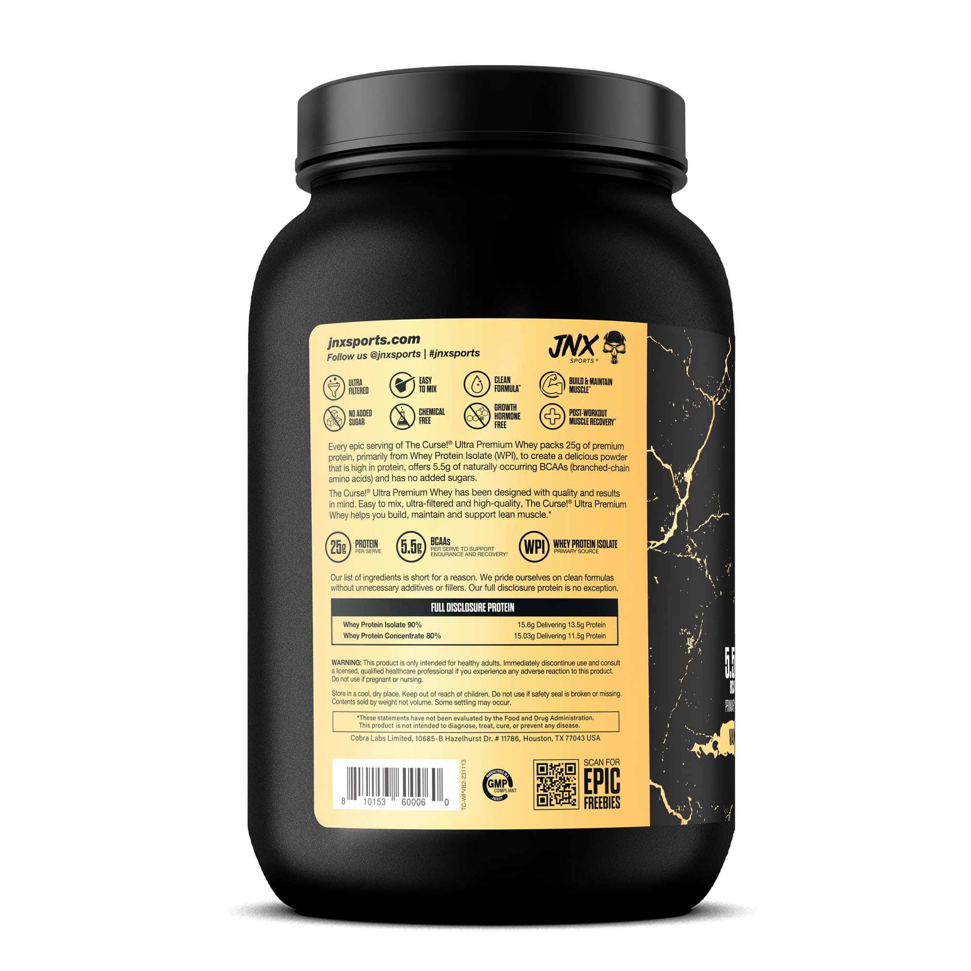 JNX SPORTS The Curse! Ultra Premium Whey Protein Powder Vanilla Bean 2lb | 25g Protein - AB Mystery