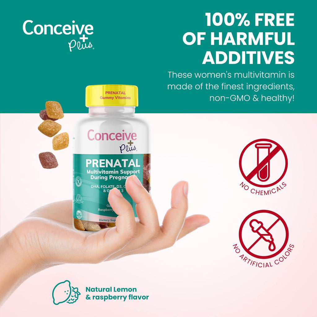 CONCEIVE PLUS Prenatal Gummies - DHA, Folic Acid, Vitamin D3, C, Zinc, and Omega 3, Natural Lemon CONCEIVE PLUS