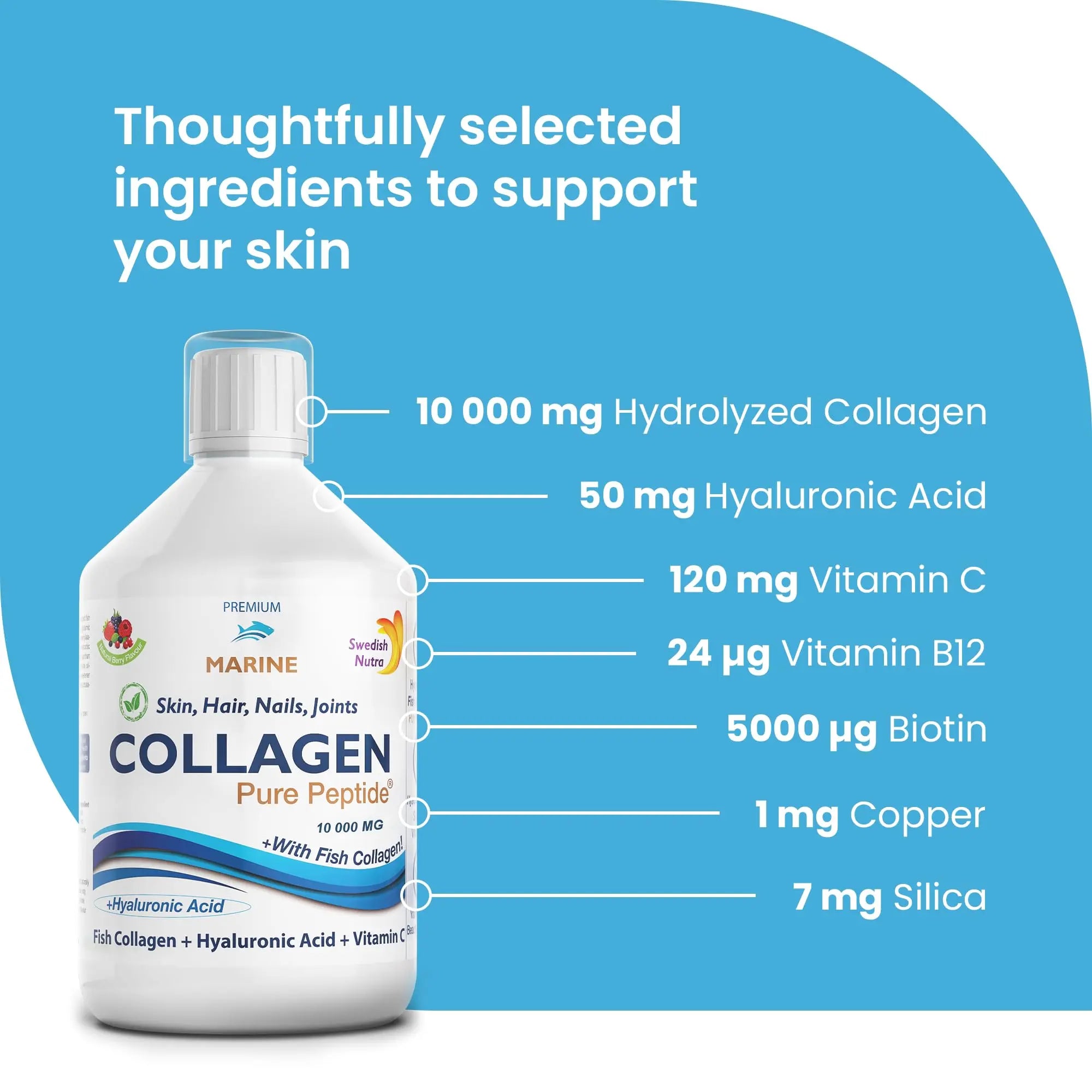 Marine Liquid Collagen 10000mg 500 ml I Pure Hydrolyzed Collagen Peptides Swedish Nutra