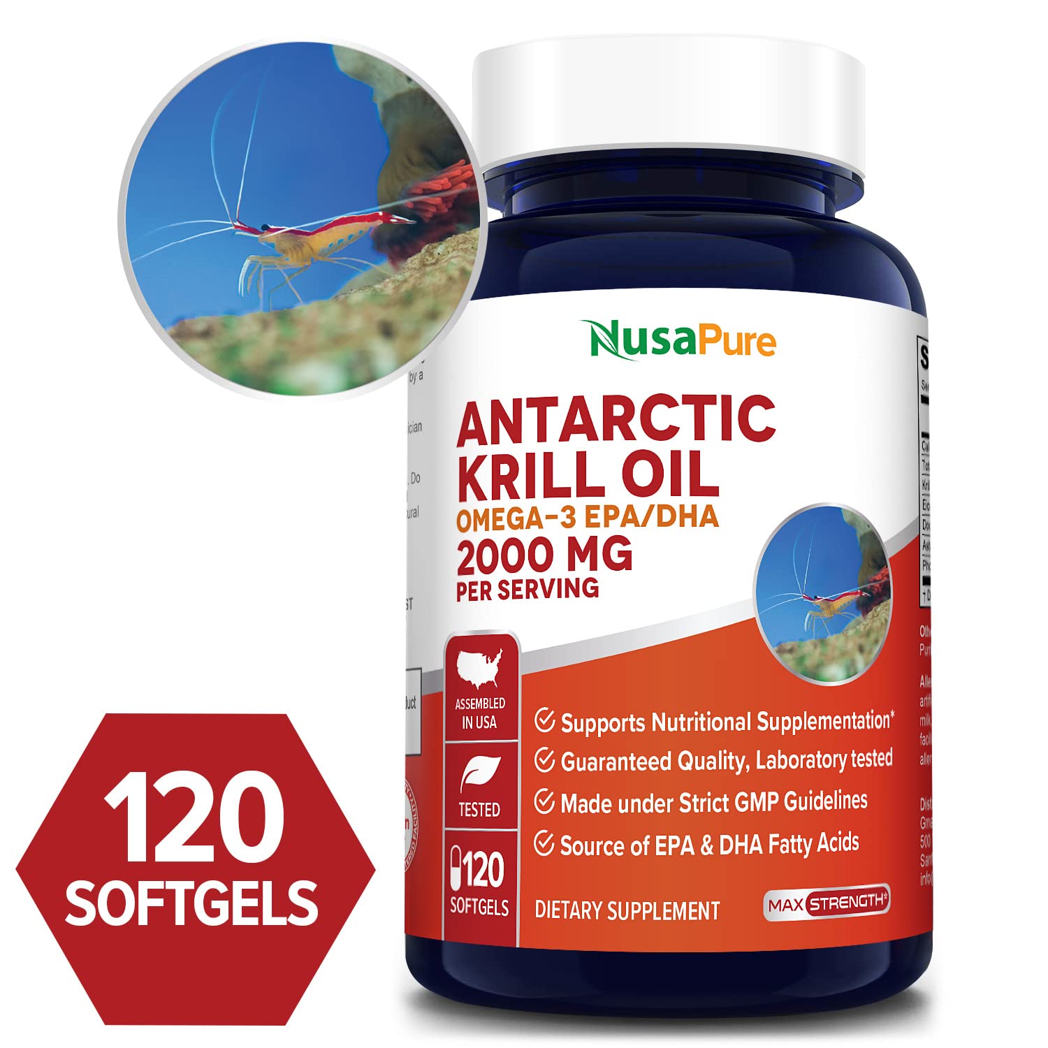 NusaPure Antarctic Krill Oil 2000 mg 120 Softgels, Omega-3 EPA 360mg, DHA 240mg - AB Mystery