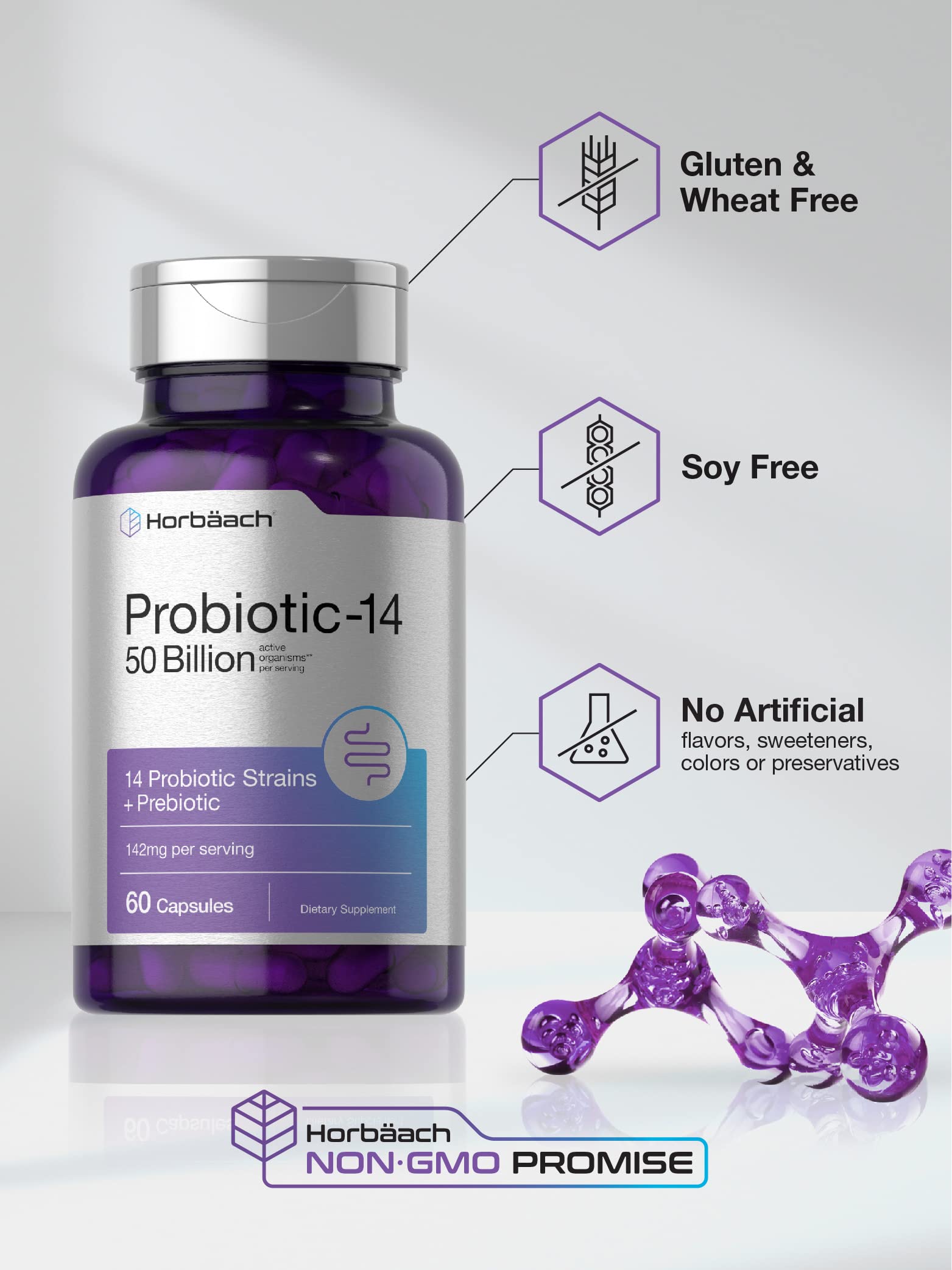 Horbäach Probiotics with Prebiotics | 60 Capsules | 50 Billion Active Organisms | Non-GMO - AB Mystery