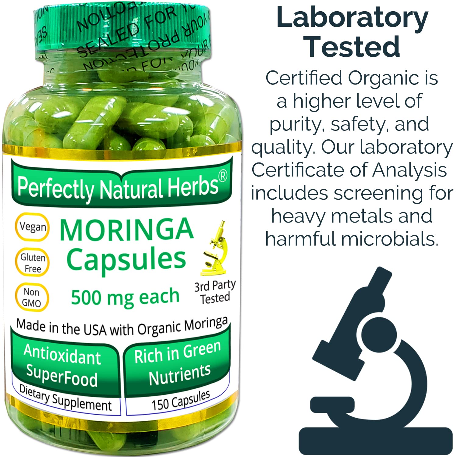 150 Moringa Capsules Made With USDA Certified Organic Moringa Leaf Powder - AB Mystery