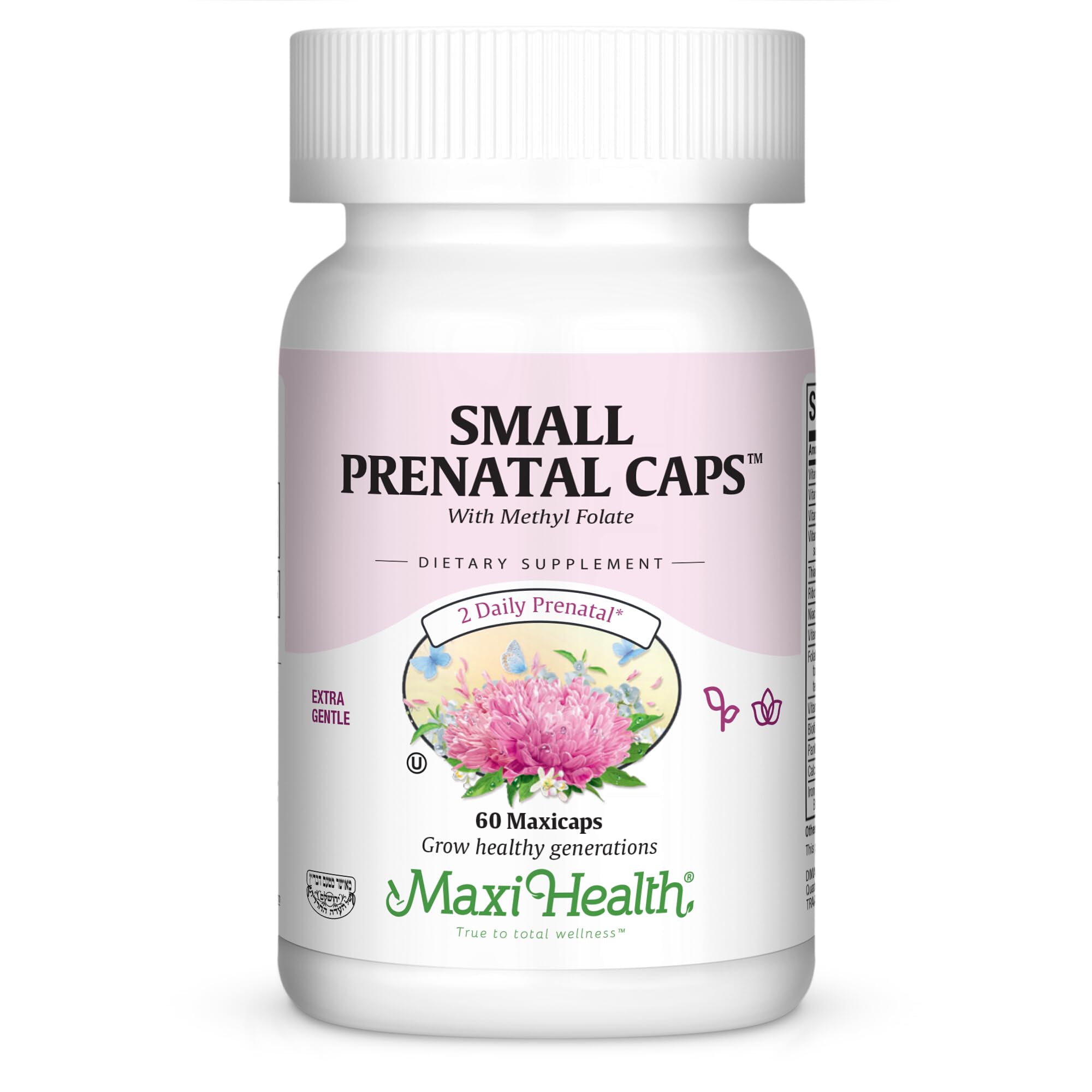 Maxi-Health Small Prenatal Capsules With Methyl Folate - Minerals, Gentle Iron, Vitamins - Kosher, 60 Count