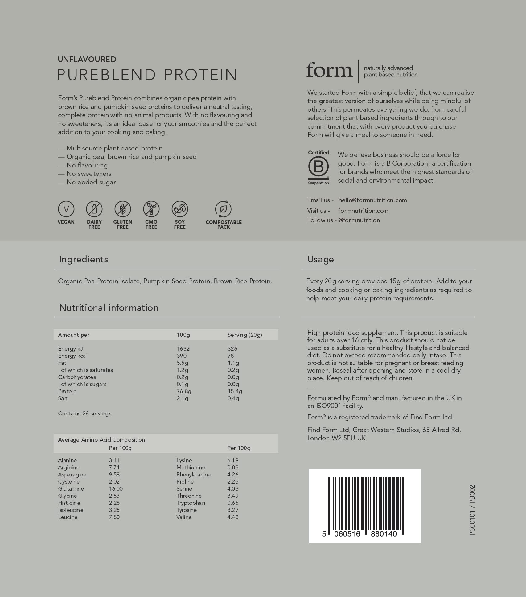 Form Pureblend Protein - Unflavoured and Unsweetened Vegan Protein Powder Form