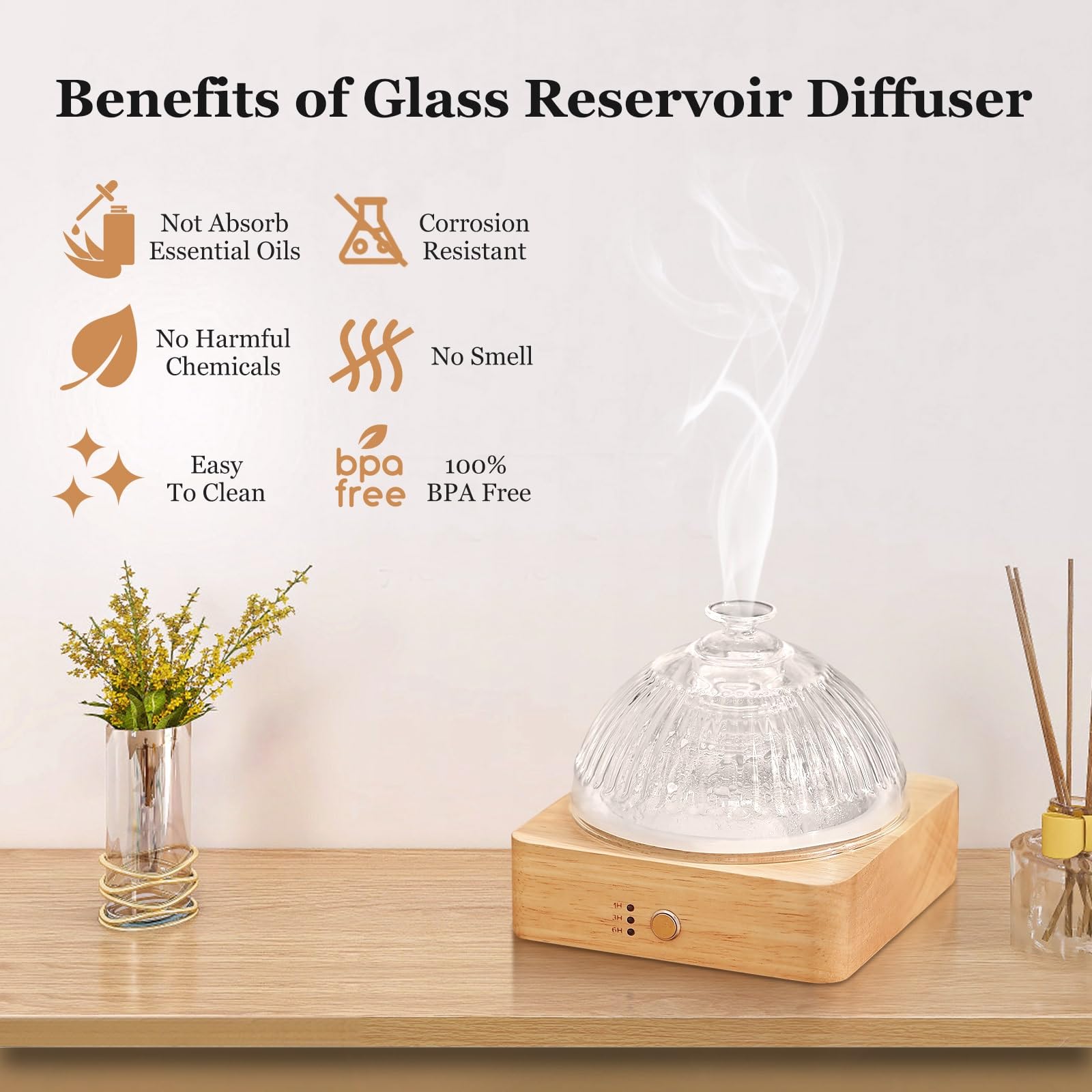 Lecdura Glass Essential Oil Diffuser with Glass Reservoir & Wood Base - Plastic Free, 200ml Lock - AB Mystery