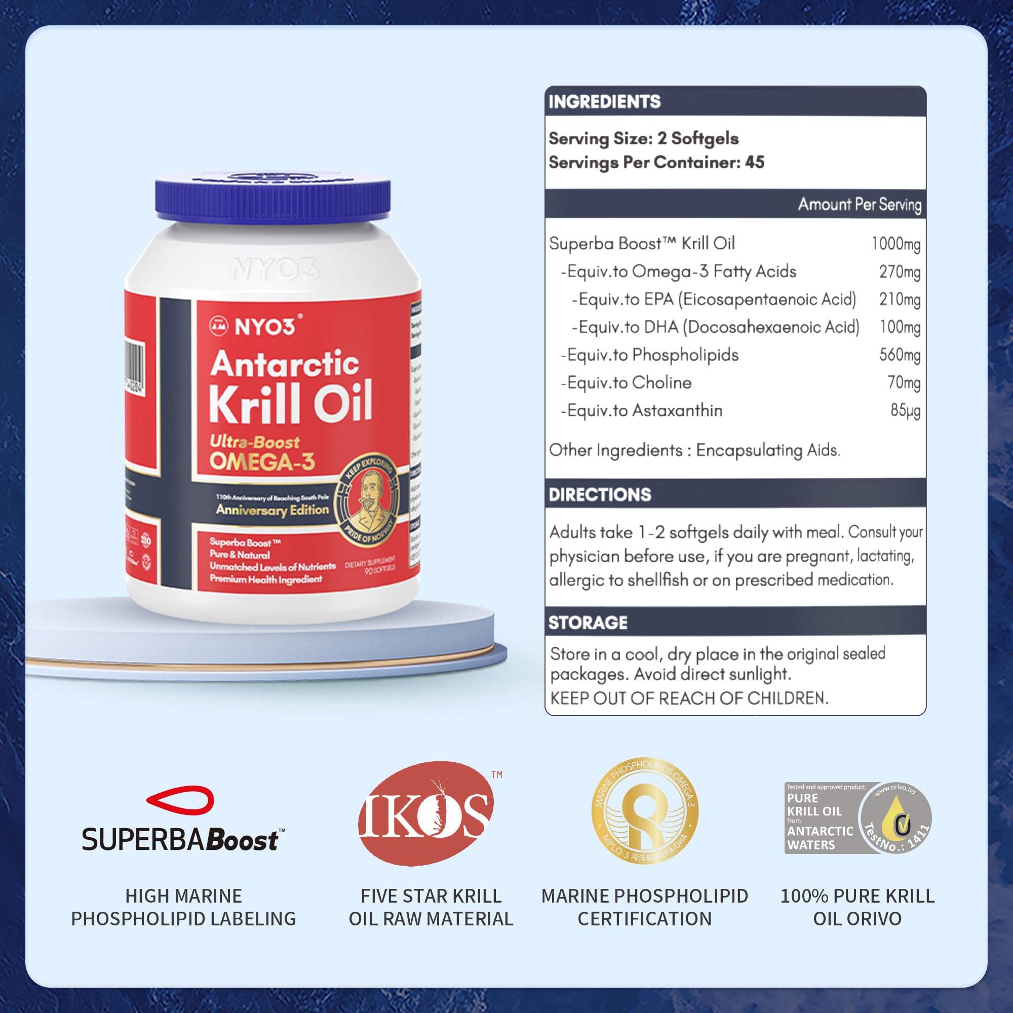 NYO3 Antarctic Krill Oil 1000mg Omega 3 Supplement, EPA & DHA, 90 Softgels Astaxanthin - AB Mystery