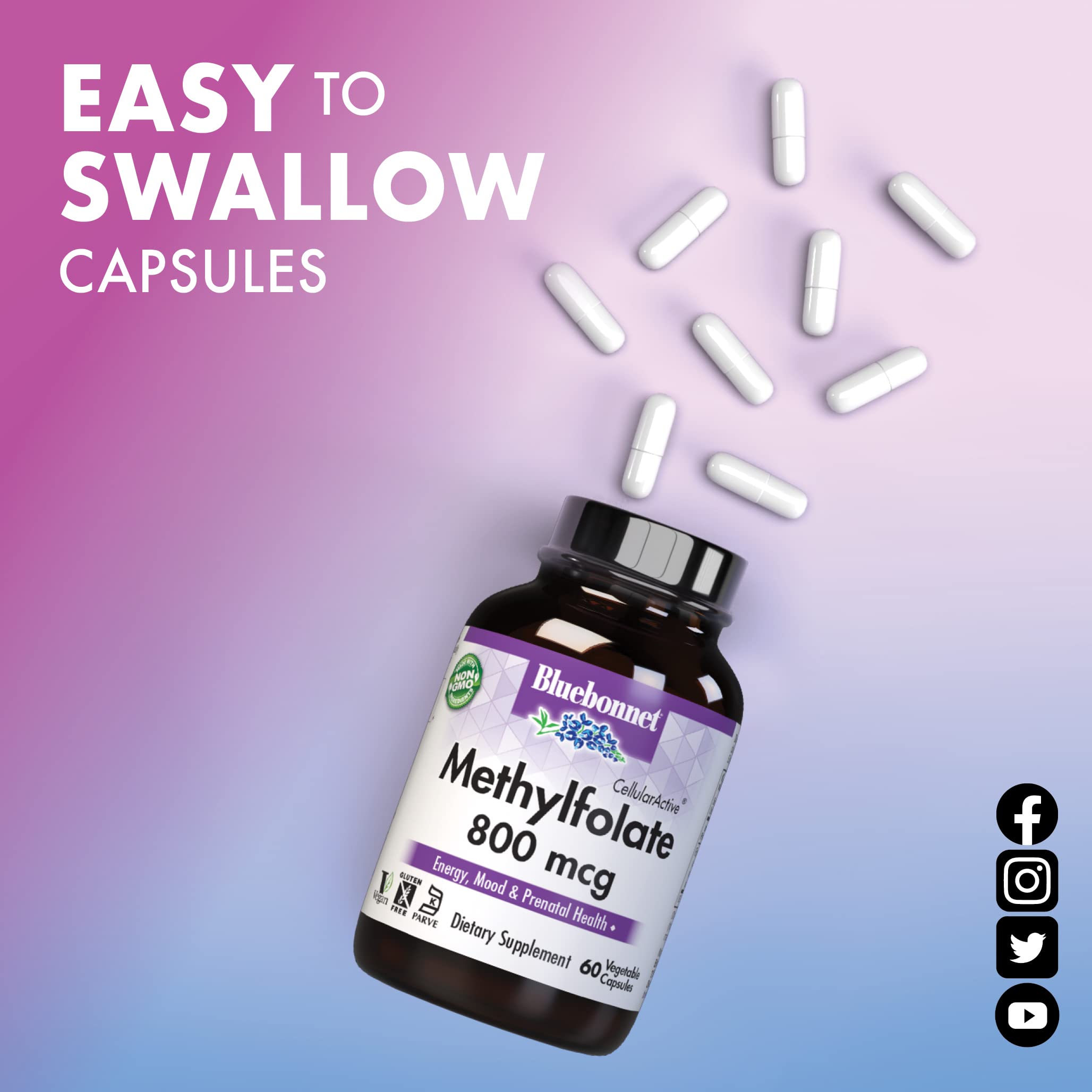 Bluebonnet Nutrition CellularActive Methylfolate 800 mcg – Formulated with Quatrefolic - for Energy Bluebonnet