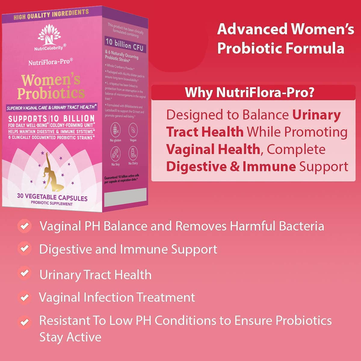 NutriCelebrity NutriFlora-Pro Probiotics for Women, Vaginal, Urinary Health, Immune System Digestive - AB Mystery