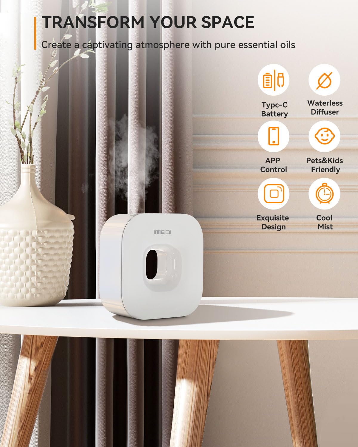 MEIDI Waterless Essential Oil Diffuser - Bluetooth Cordless Aromatherapy Diffuser with App Control - AB Mystery