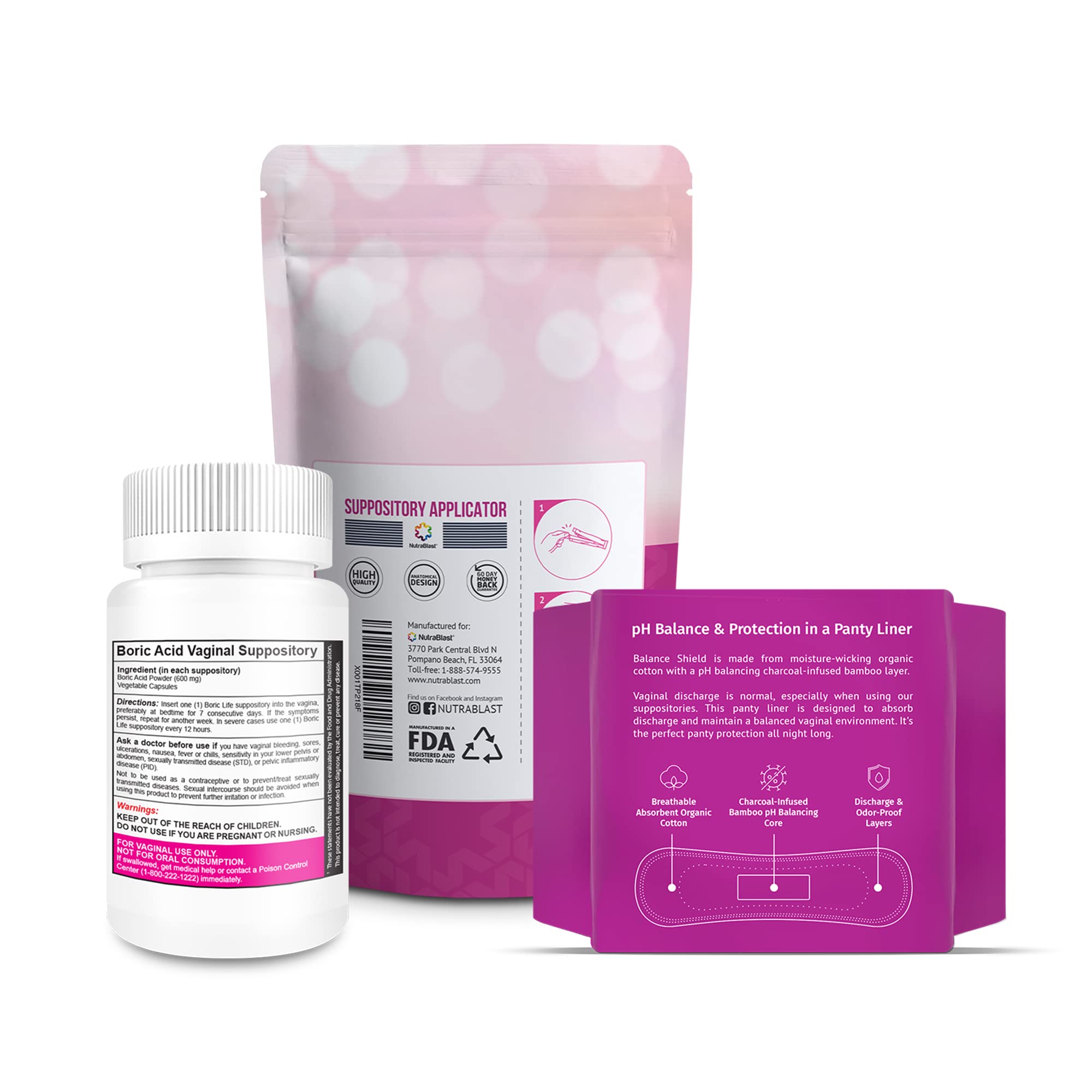 NutraBlast Boric Acid Vaginal Suppositories 600mg (30 Count) w/Disposable Vaginal Applicators - AB Mystery