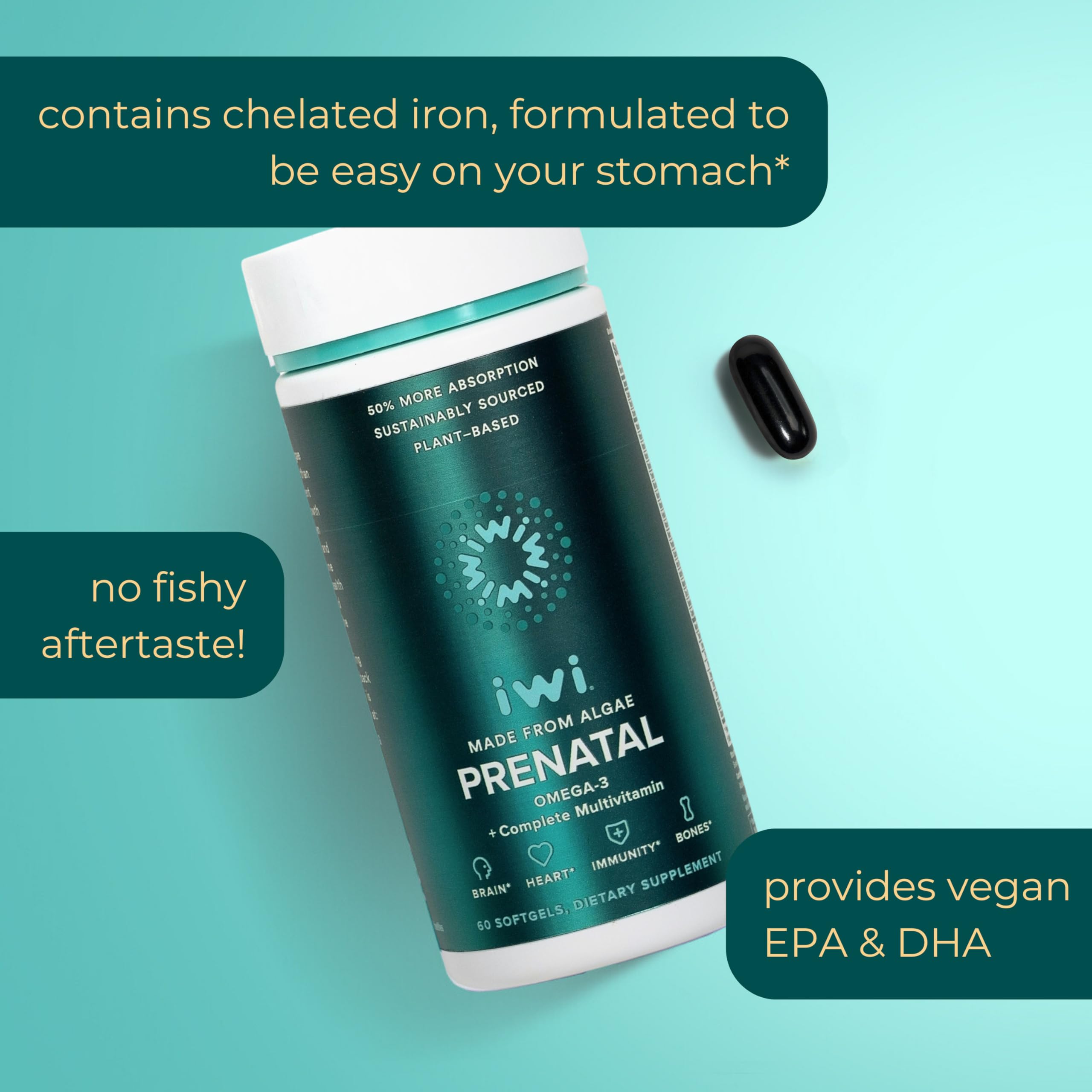 Iwi Life Prenatal Multivitamin, 60 Softgels (30 Servings), Vegan, Plant-Based Algae Omega 3 Iwi