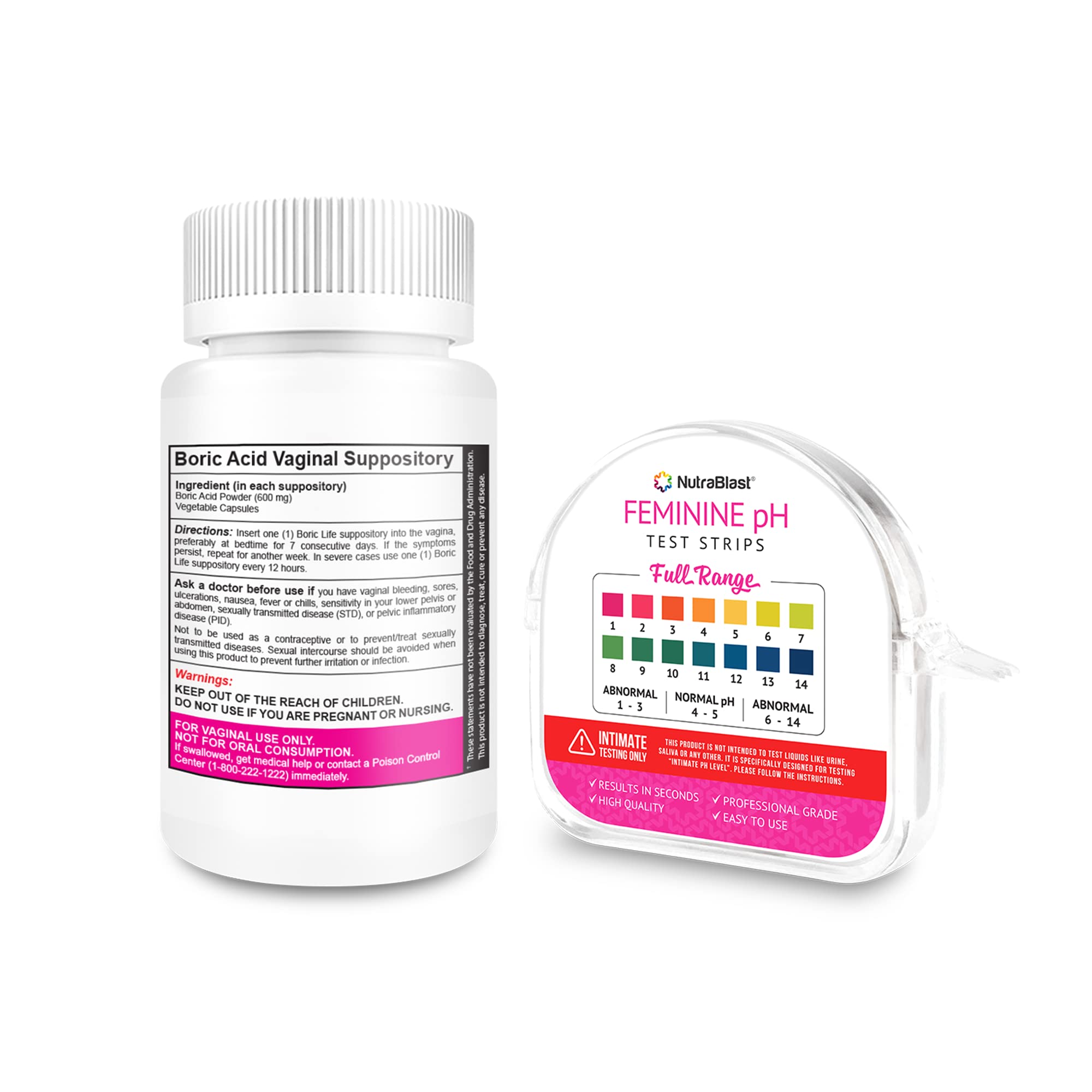 NutraBlast Boric Acid Vaginal Suppositories 600mg (30 Count) & Feminine pH Test Strips 1-14 (100-Tests Roll) - AB Mystery