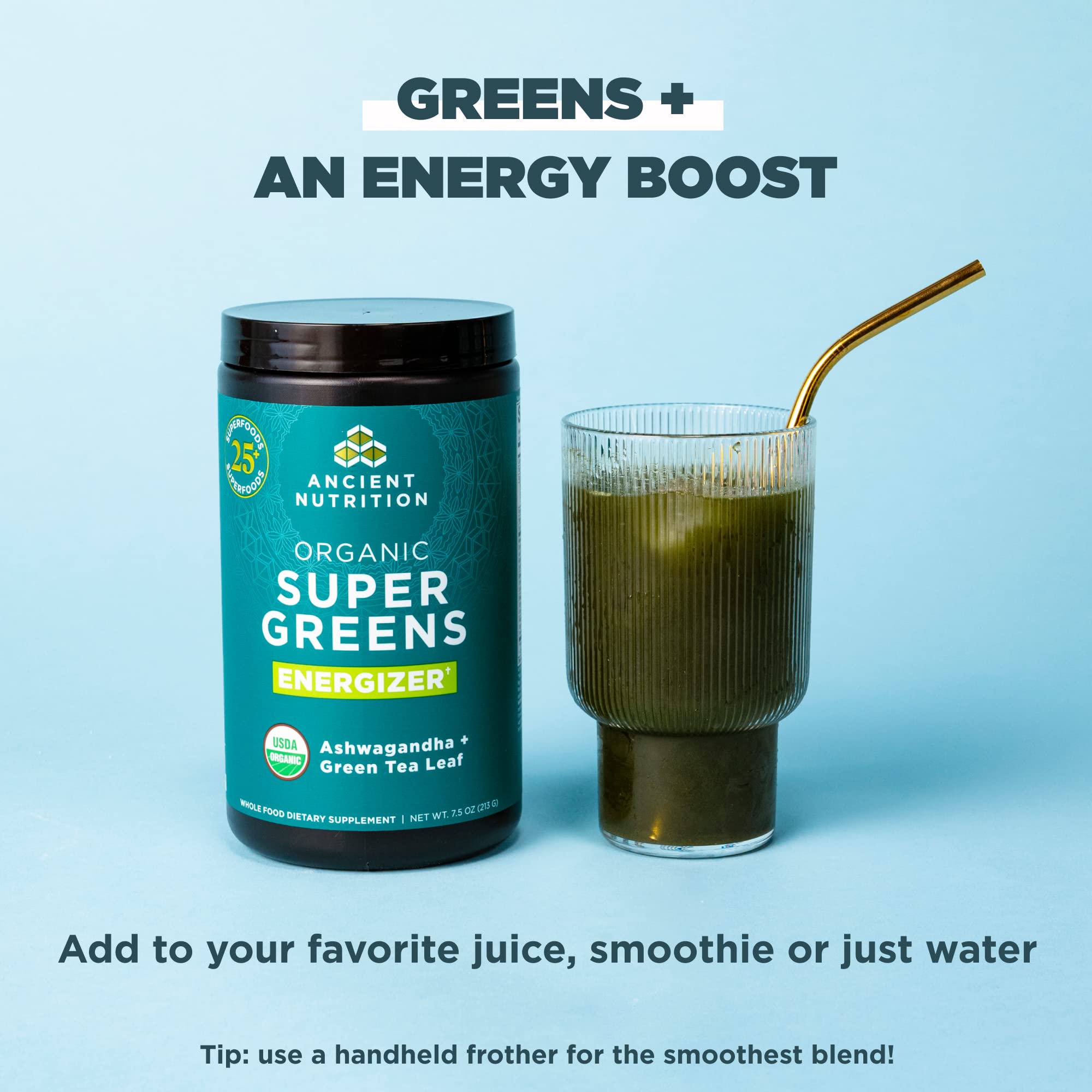 Ancient Nutrition Supergreens Energizer Powder, Organic Superfood Powder with Caffeine - AB Mystery
