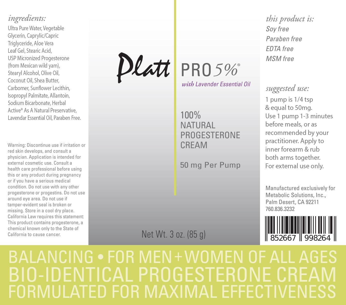 Platt PRO 5% Dr. Platt's All Natural & Bio-Identical Progesterone Cream 50mg Strength - AB Mystery