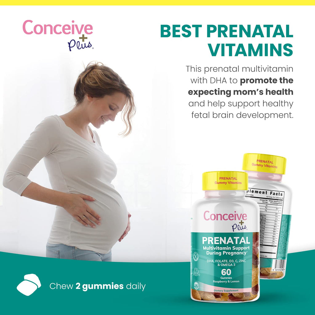 CONCEIVE PLUS Prenatal Gummies - DHA, Folic Acid, Vitamin D3, C, Zinc, and Omega 3, Natural Lemon CONCEIVE PLUS