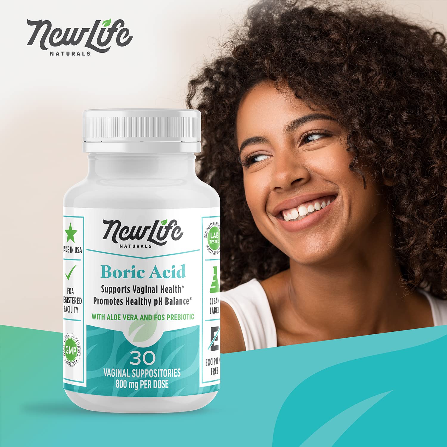 NewLife Naturals Boric Acid Vaginal Suppositories with Aloe Vera & FOS Prebiotic | Women's pH Balance Pills - AB Mystery