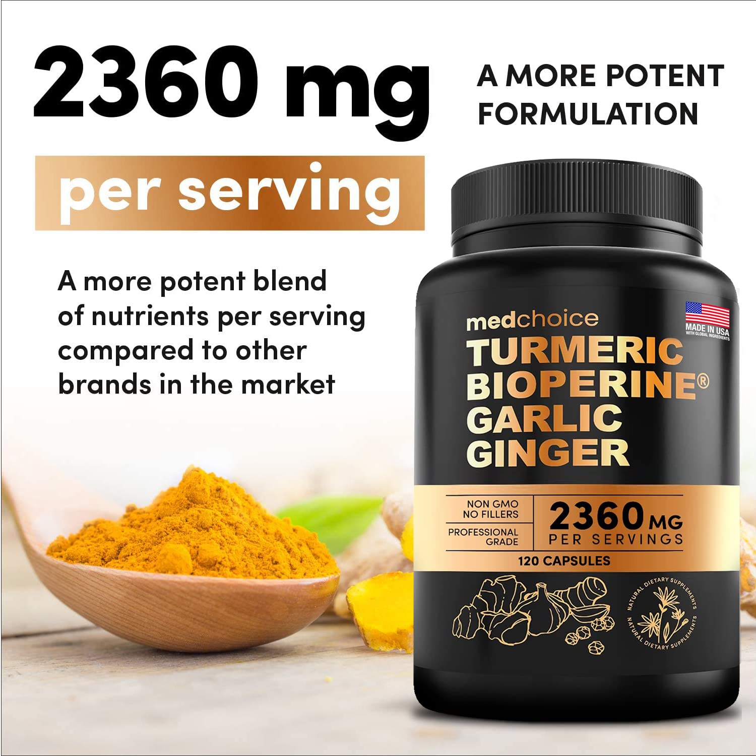 4-in-1 Turmeric and Garlic Supplements with Bioperine 2360 mg (360 ct) Turmeric Ginger - AB Mystery