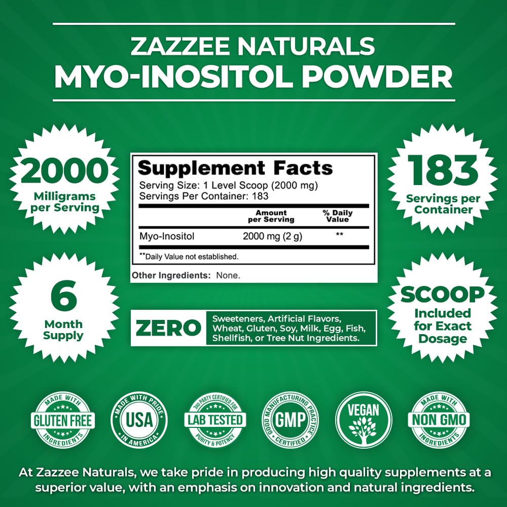 Zazzee Myo-Inositol Powder, 6 Month Supply, 183 Servings, 2000 mg per Serving - AB Mystery