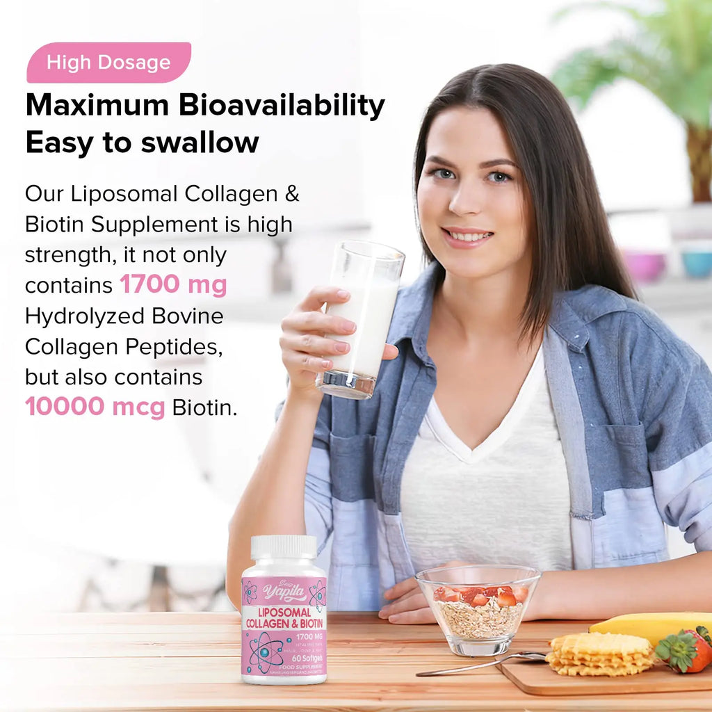 Liposomal Collagen Biotin Capsules, Hydrolyzed Bovine Collagen Peptides 1700 mg, Types 1 & 3 Protein - AB Mystery