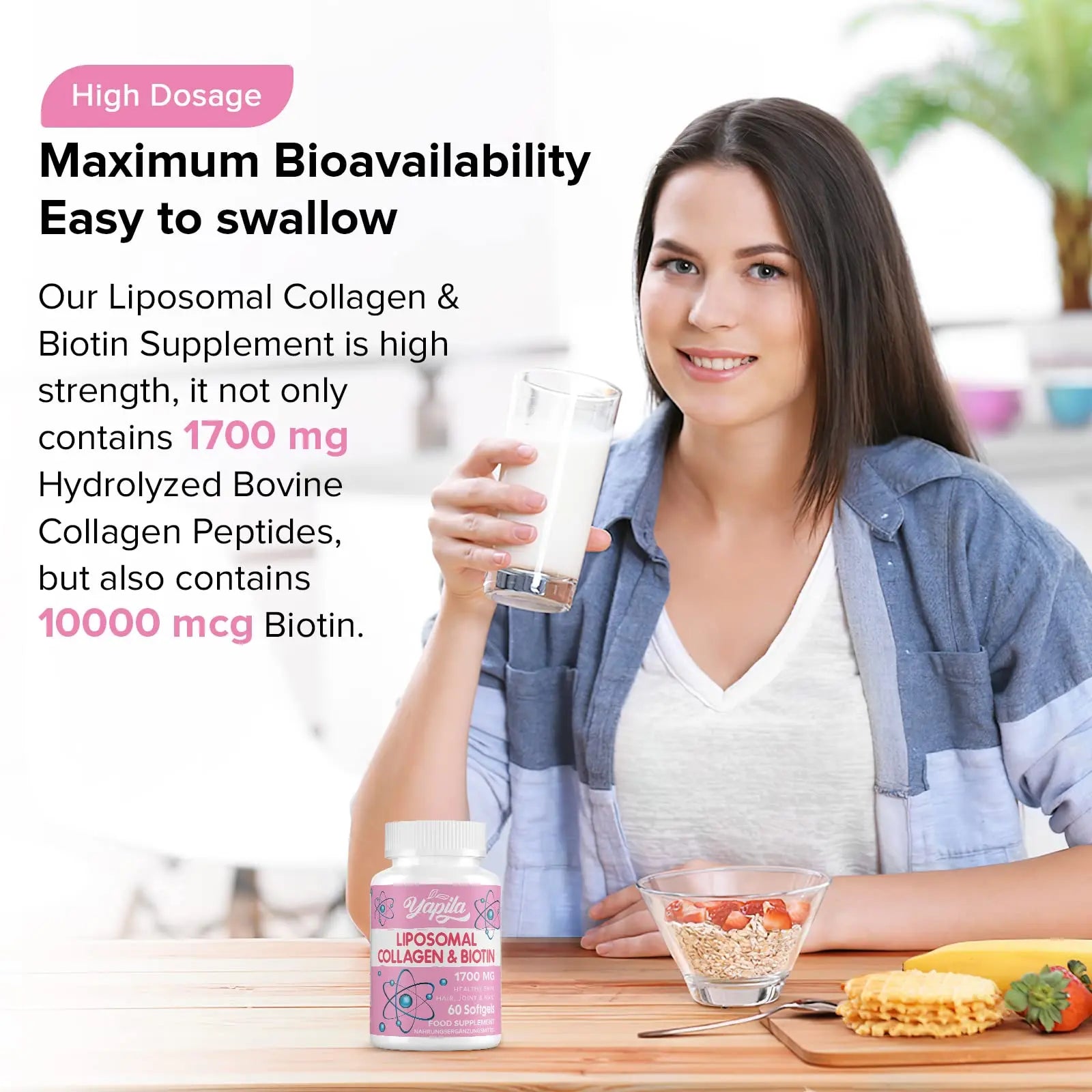 Liposomal Collagen Biotin Capsules, Hydrolyzed Bovine Collagen Peptides 1700 mg, Types 1 & 3 Protein - AB Mystery