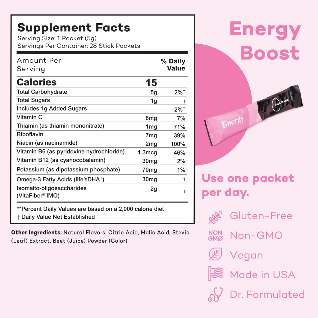 Premama Prenatal Vitamin Energy Boost Drink Mix & Fertility Support Bundle, Omega 3, B Vitamins Premama