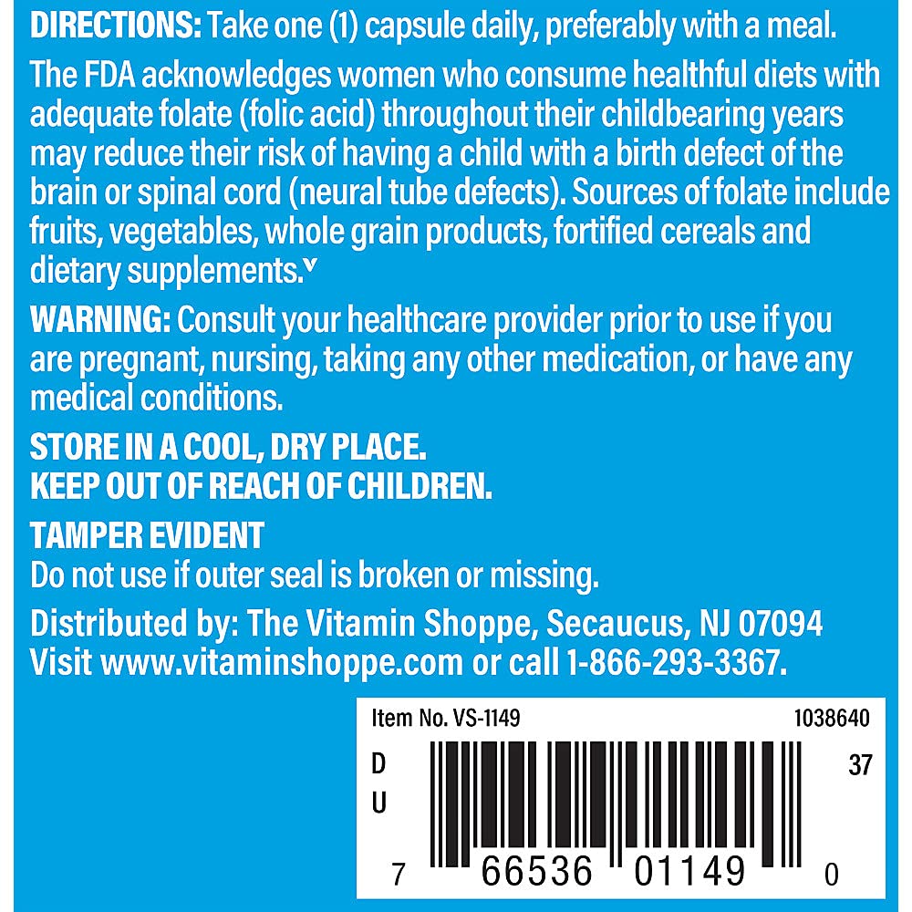 The Vitamin Shoppe Folic Acid 800MCG, Supports Prenatal & Fetal Development (300 Capsules) The Vitamin Shoppe